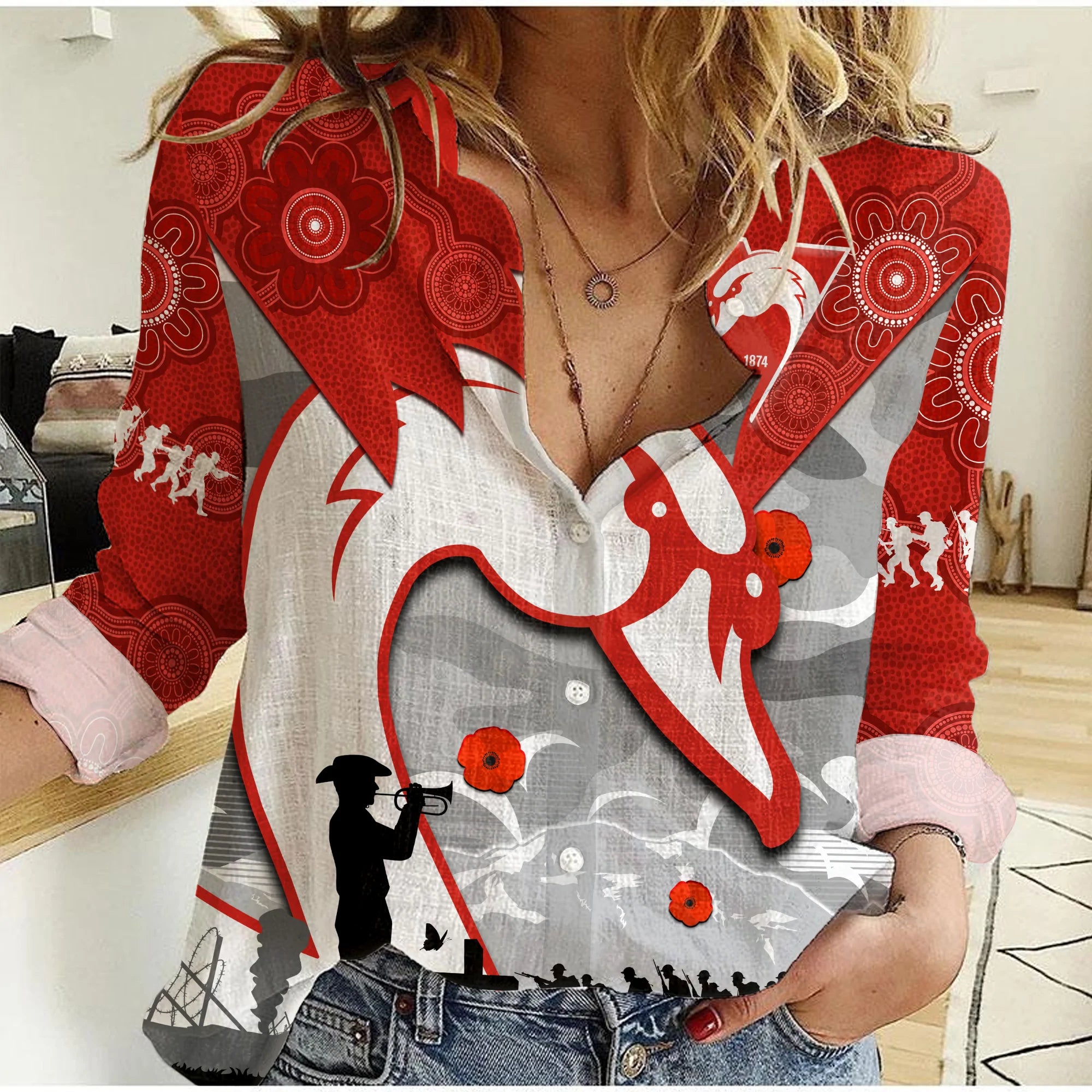 Swans Football ANZAC Women Casual Shirt Sydney Indigenous Camouflage Art - Vibe Hoodie Shop