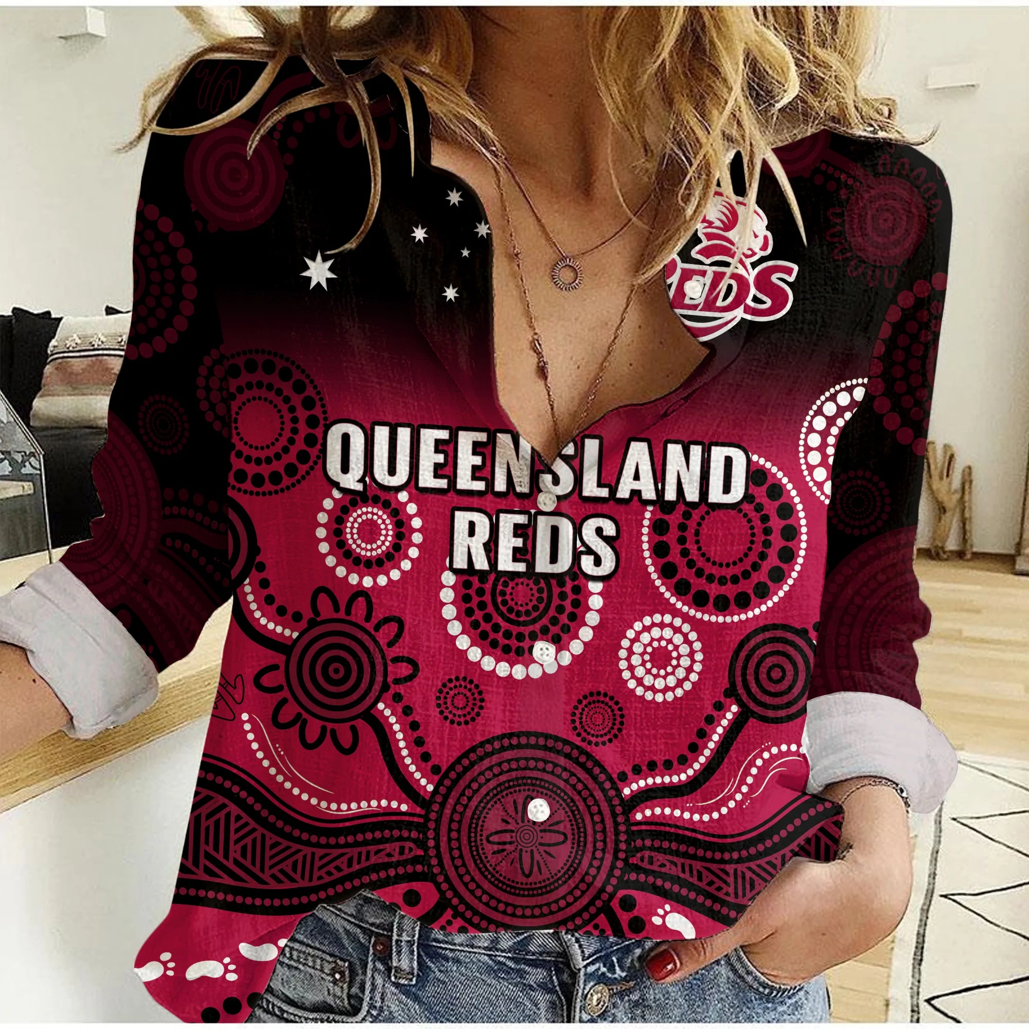 Queensland Reds Rugby Women Casual Shirt Gradient Aboriginal - Vibe Hoodie Shop