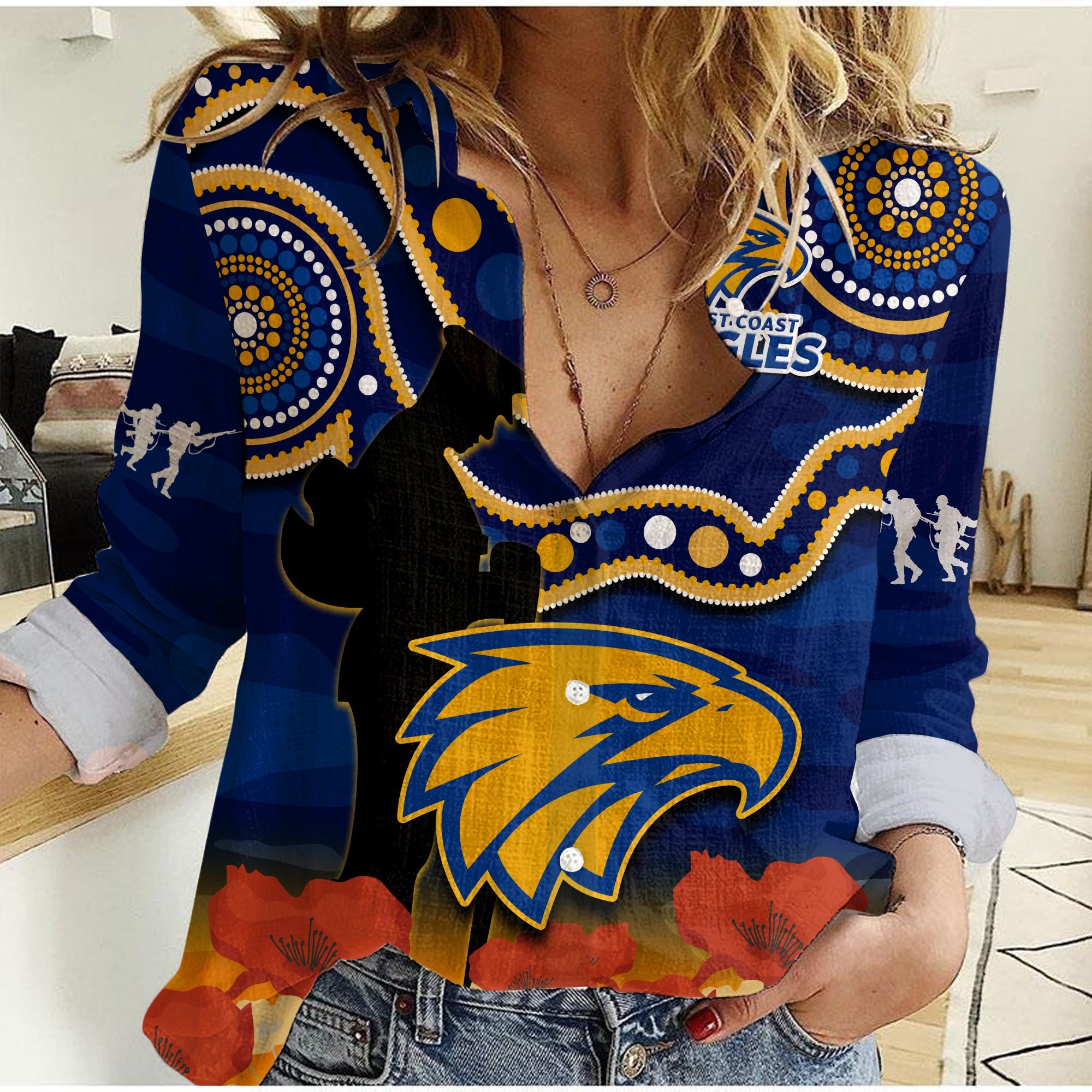 Eagles Football ANZAC 2023 Women Casual Shirt West Coast Indigenous Mix Poppy Camouflage - Vibe Hoodie Shop