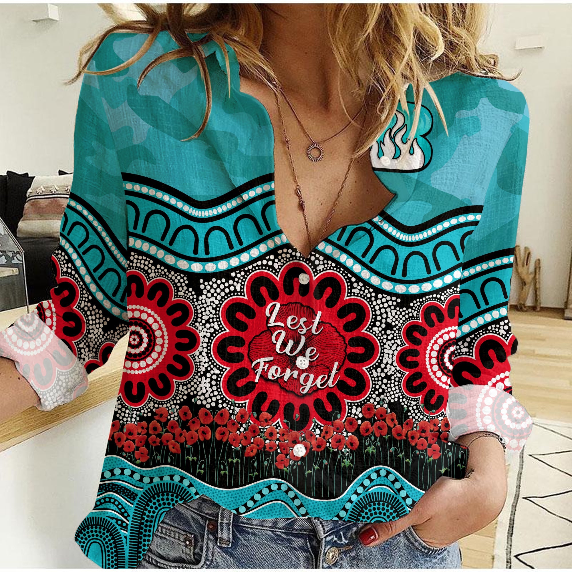 Brisbane Heat Cricket ANZAC Women Casual Shirt Poppy Aboriginal Camouflage - Vibe Hoodie Shop