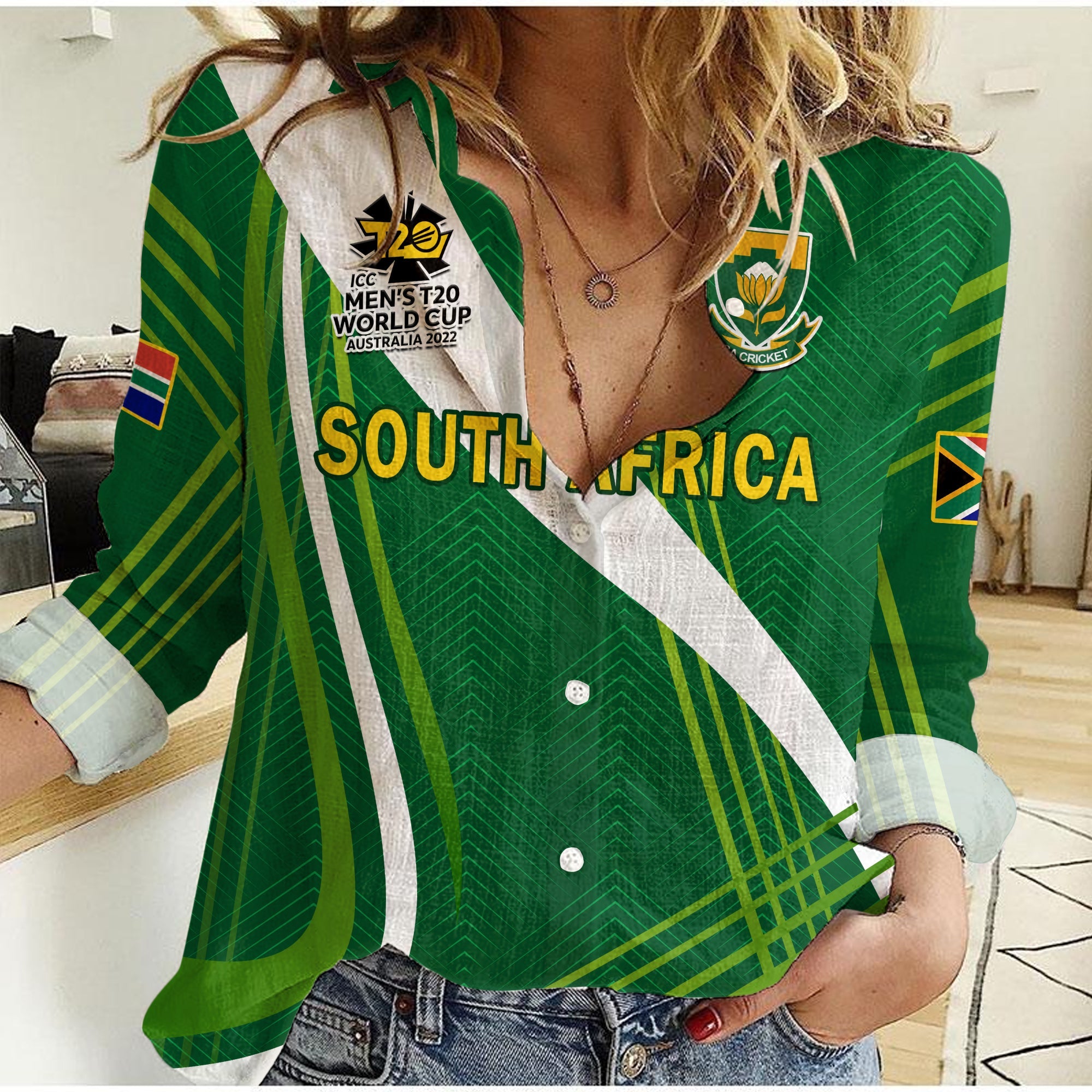 (Custom Text And Number) South Africa Cricket Women Casual Shirt Mens T20 World Cup - Vibe Hoodie Shop