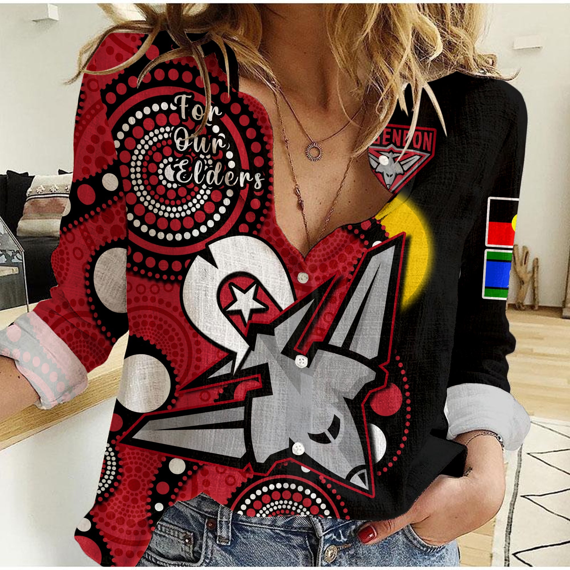 Essendon Football NAIDOC 2023 Women Casual Shirt Bombers For Our Elders Indigenous Art - Vibe Hoodie Shop