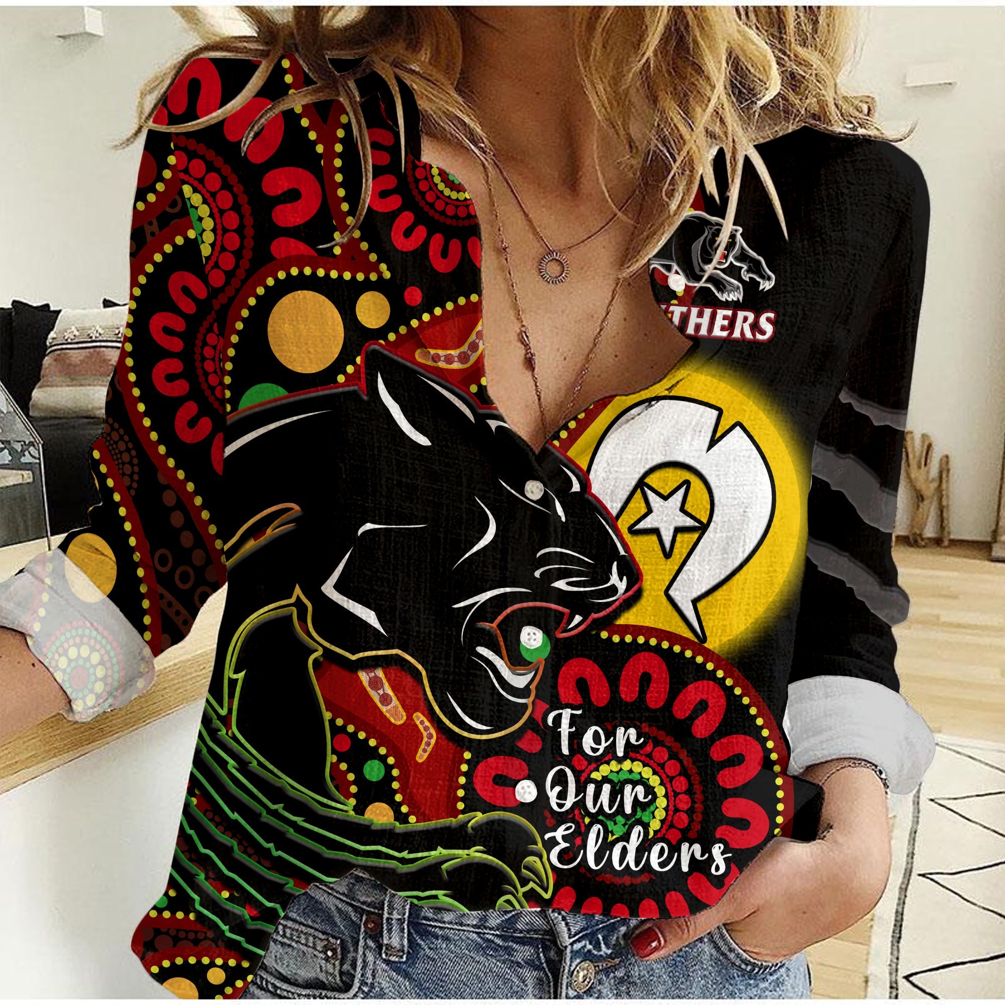 (Custom Text And Number) Panthers Rugby NAIDOC 2023 Women Casual Shirt For Our Elders Aboriginal - Vibe Hoodie Shop