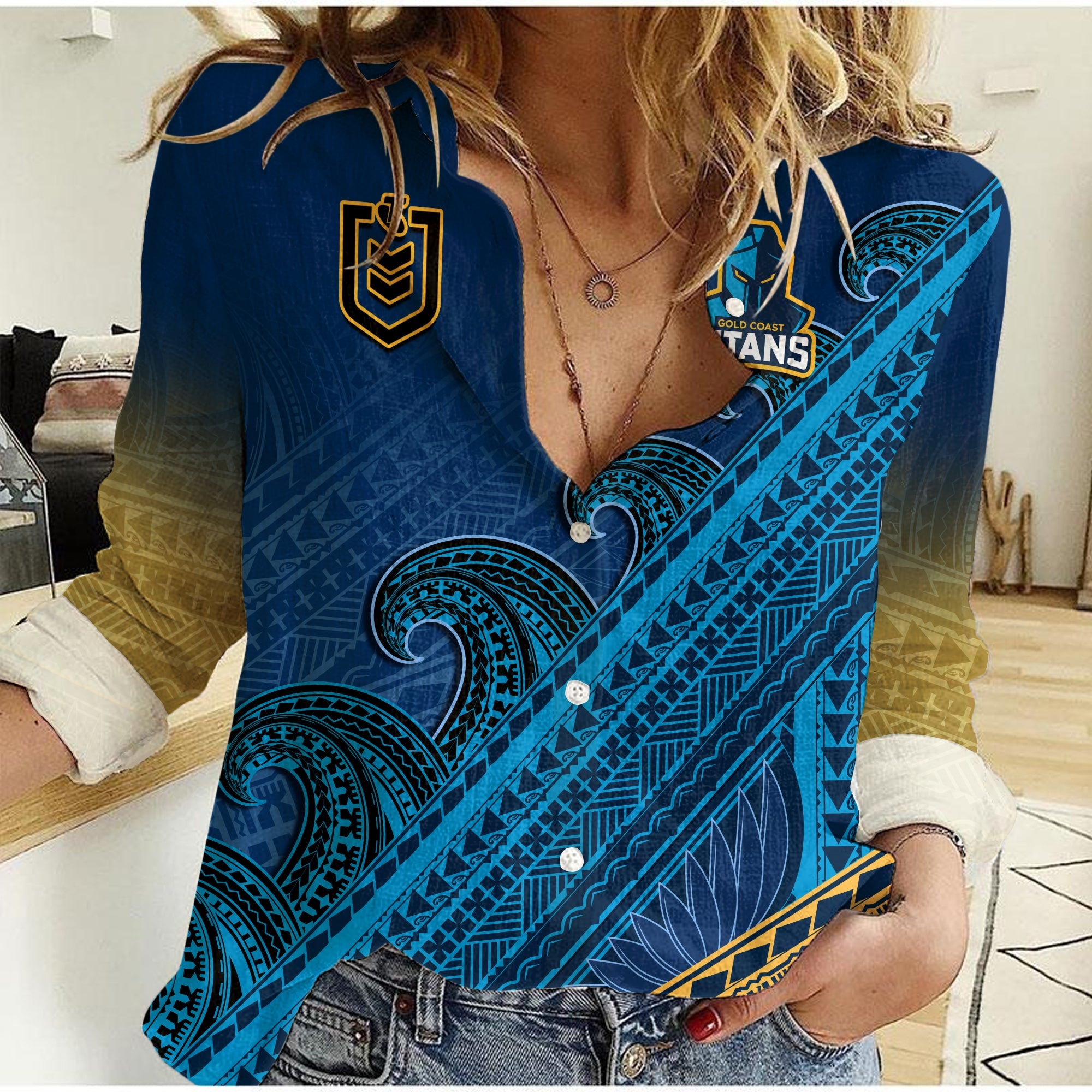 (Custom Text And Number) Gold Coast Titans Rugby Women Casual Shirt Pasifika Gradient Polynesian Pattern - Vibe Hoodie Shop