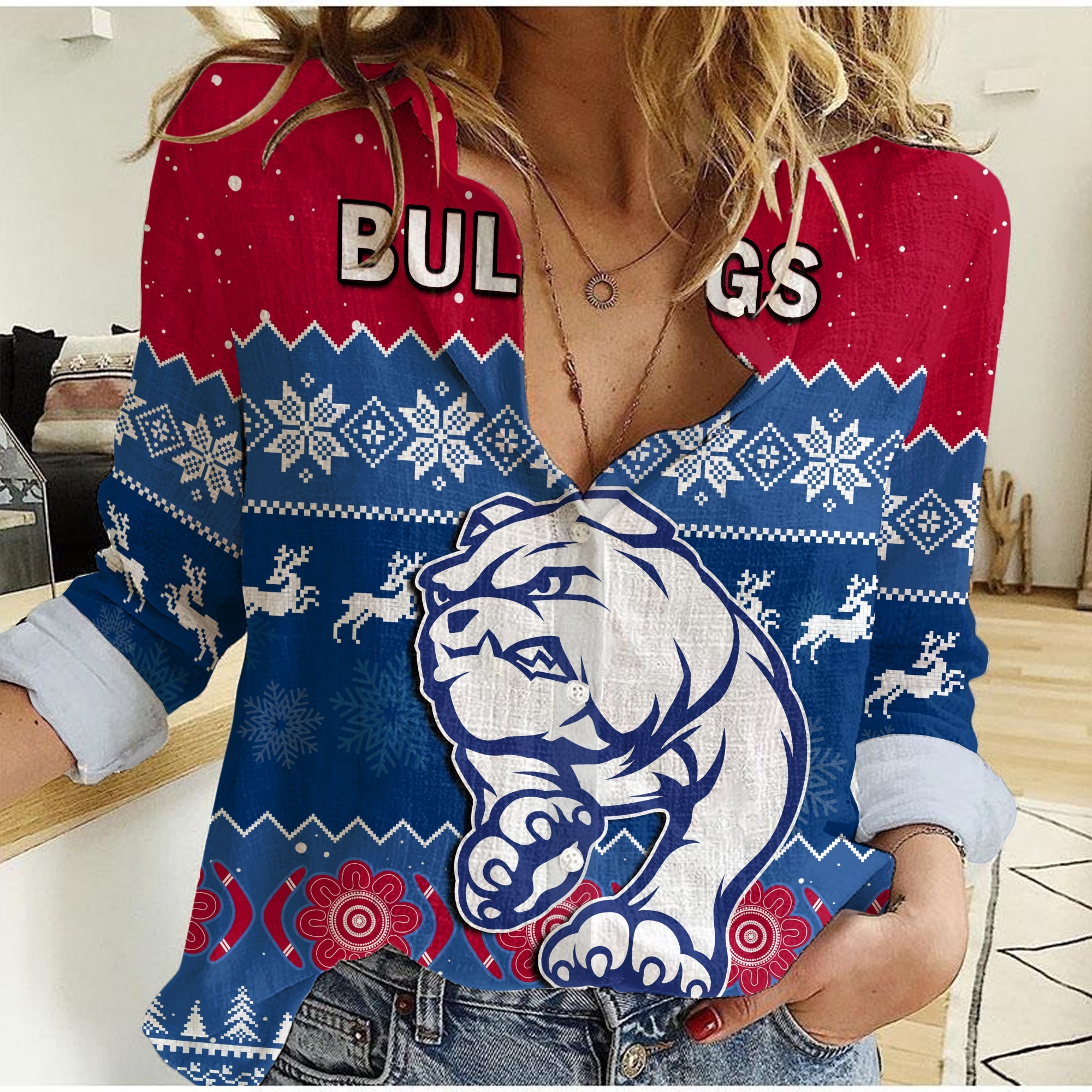 (Custom Personalised) Western Bulldogs Football Women Casual Shirt Dogs Indigenous Merry Christmas - Vibe Hoodie Shop