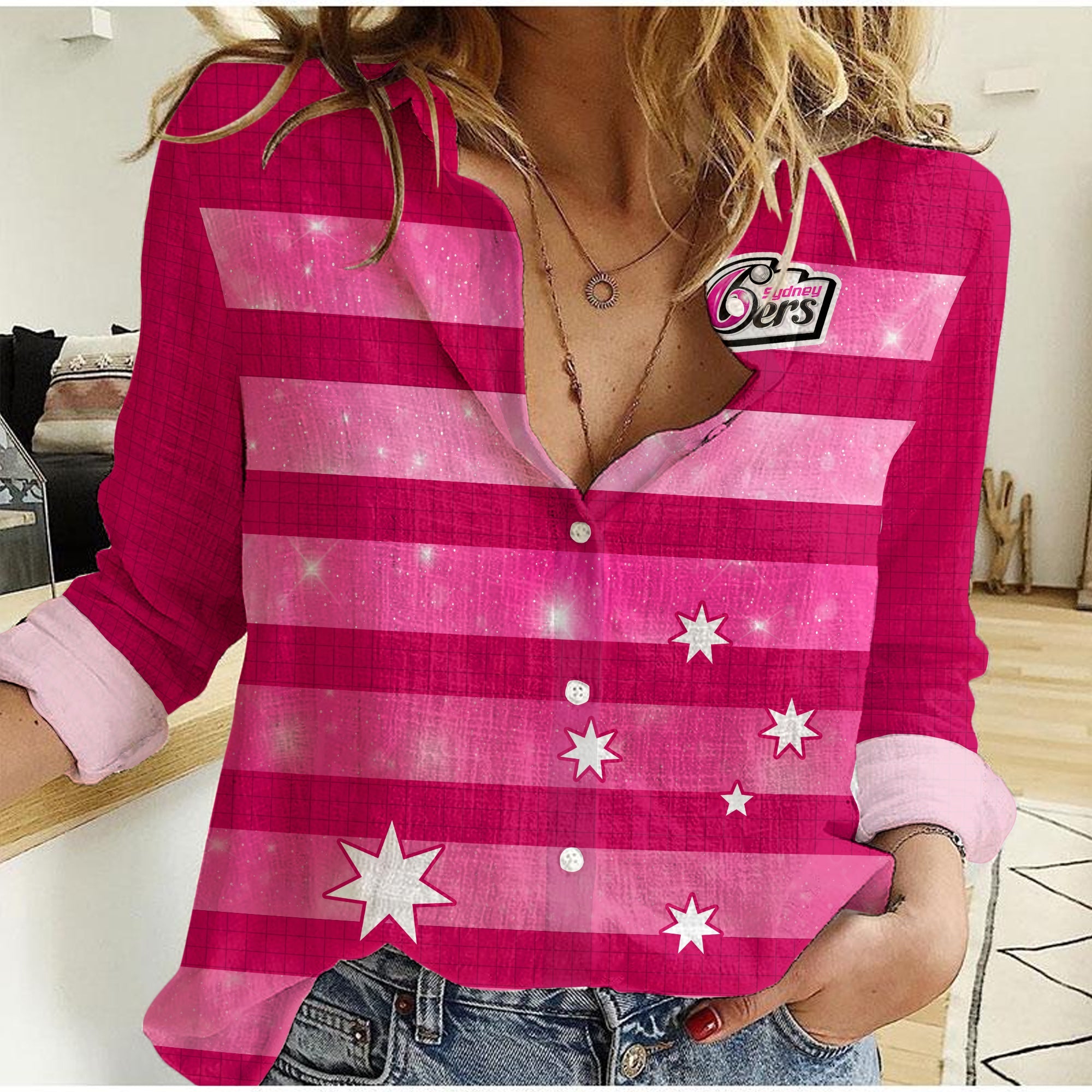 (Custom Text and Number) Sydney Sixers Cricket Women Casual Shirt Galaxy Star Simple Ver.01 - Vibe Hoodie Shop