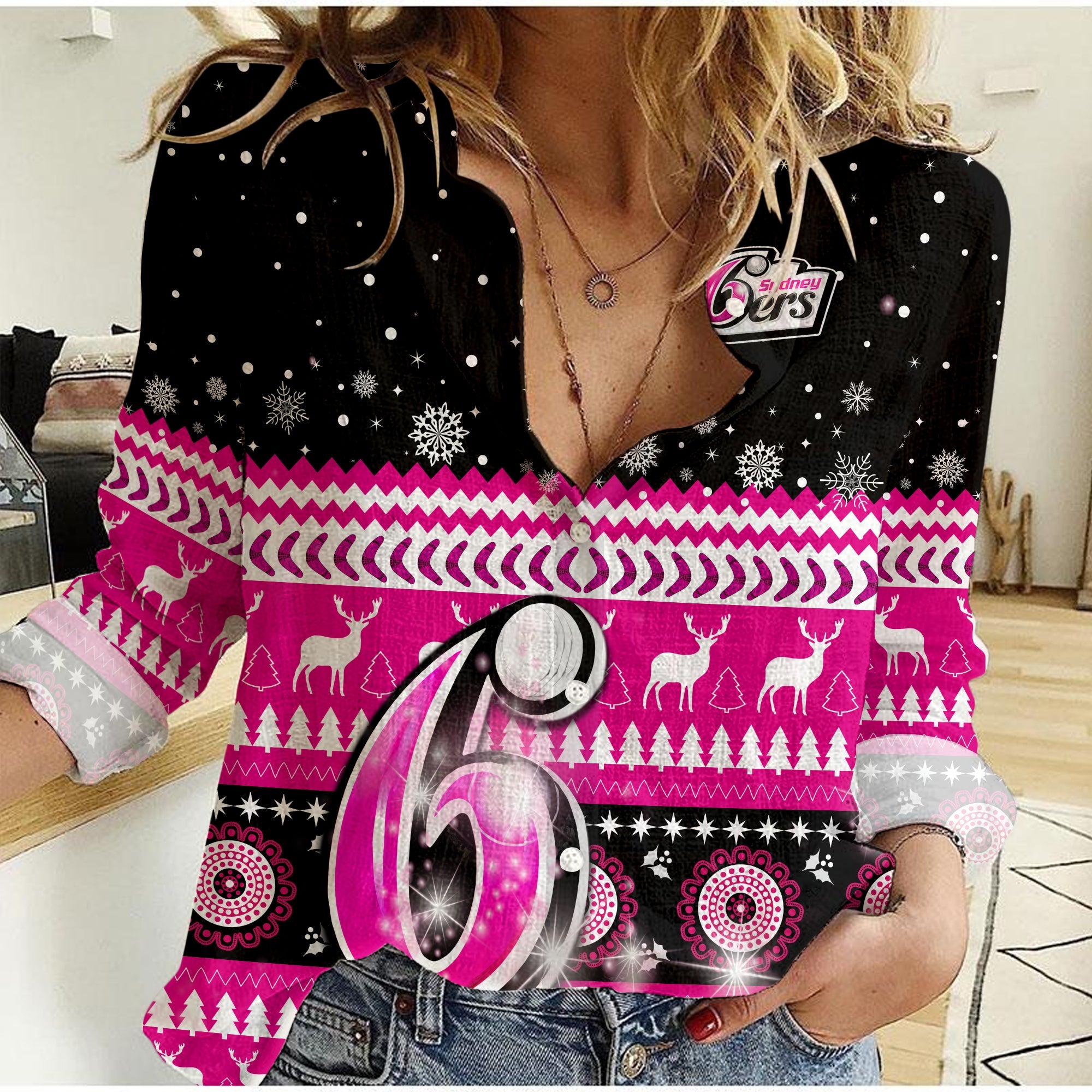 (Custom Text and Number) Sydney Sixers Cricket Women Casual Shirt Christmas Aboriginal - Vibe Hoodie Shop