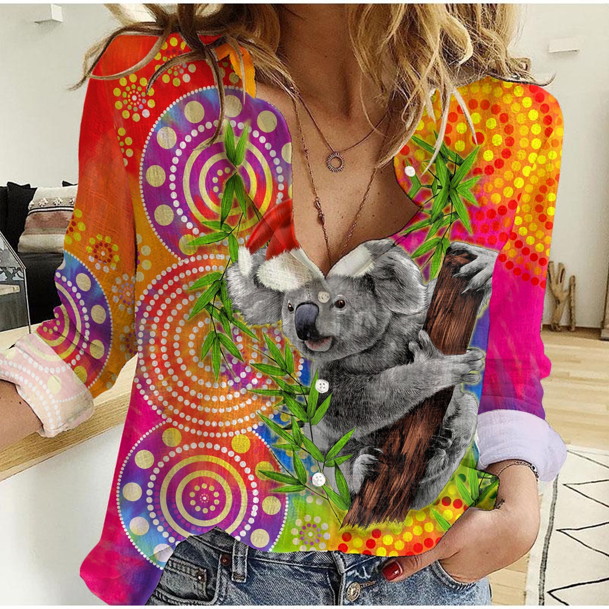 (Custom Personalised) Australia Koala Aboriginal Women Casual Shirt Rainbow Tie Dye Merry Christmas - Vibe Hoodie Shop