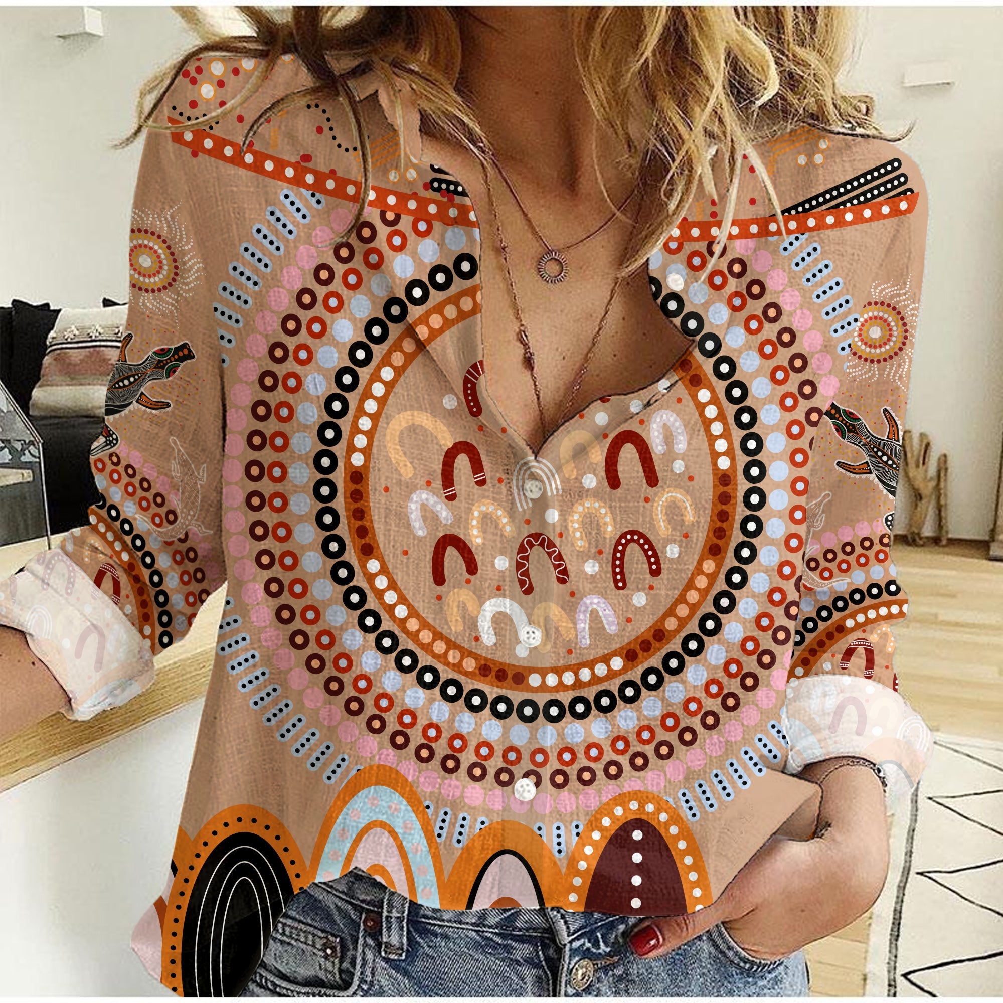 (Custom Text and Number) Aboriginal Stand Up Women Casual Shirt Circle Dot with Lizard Version PeachPuff - Vibe Hoodie Shop