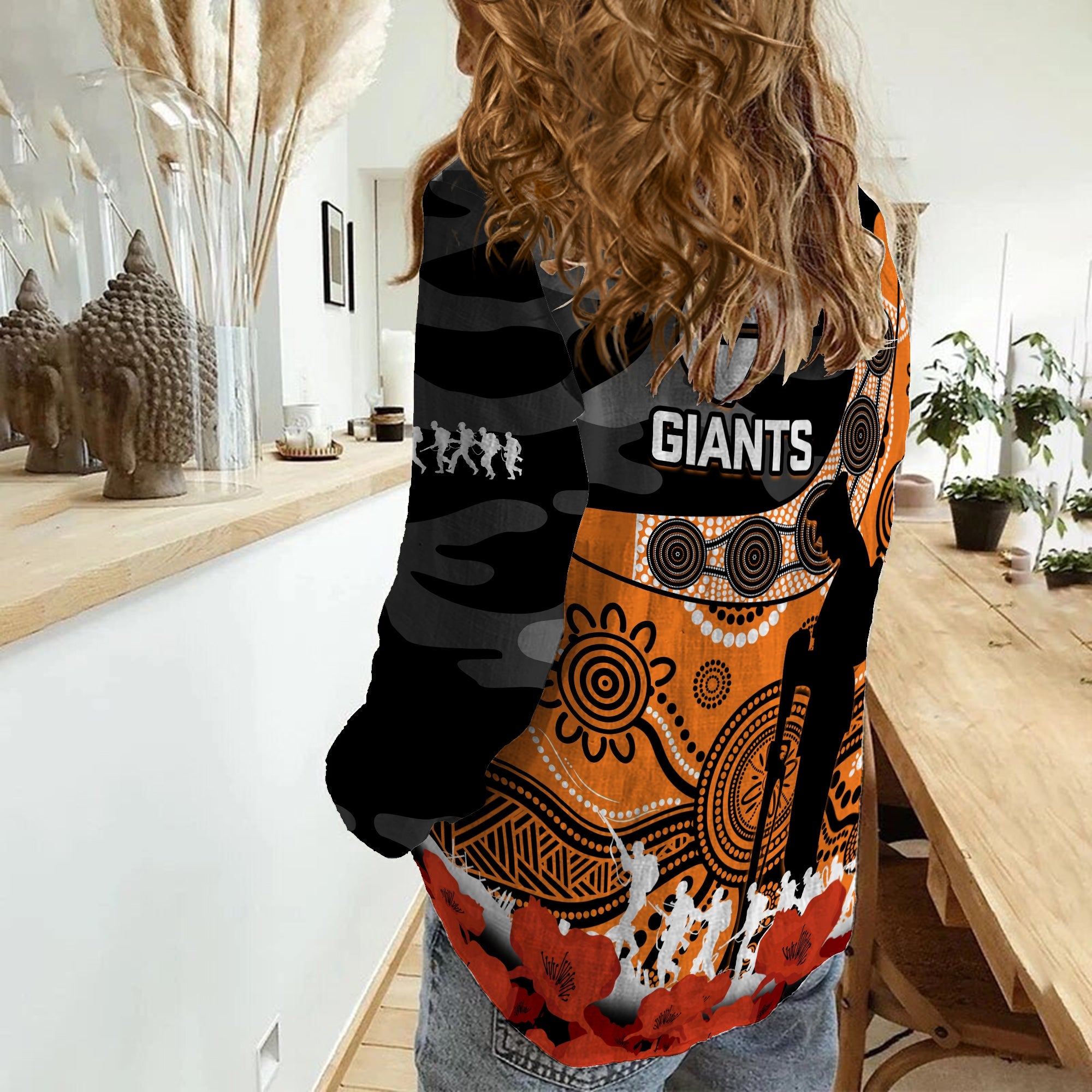 Giants Football ANZAC 2023 Women Casual Shirt GWS Aboriginal Mix Poppy Camouflage - Vibe Hoodie Shop