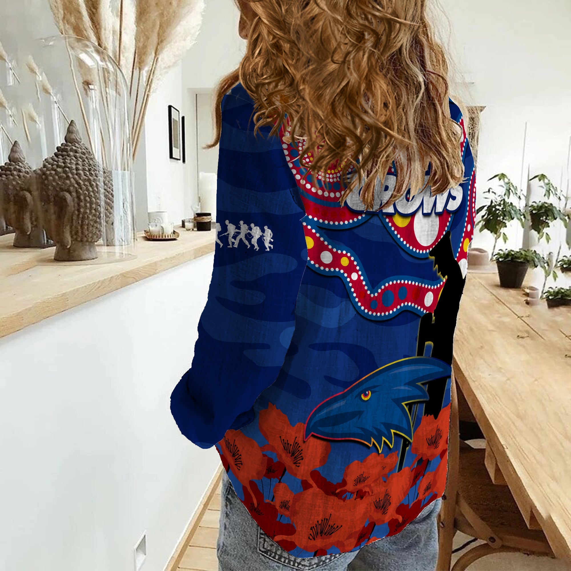 Adelaide Football ANZAC 2023 Women Casual Shirt Crows Aboriginal Mix Poppy Camouflage - Vibe Hoodie Shop