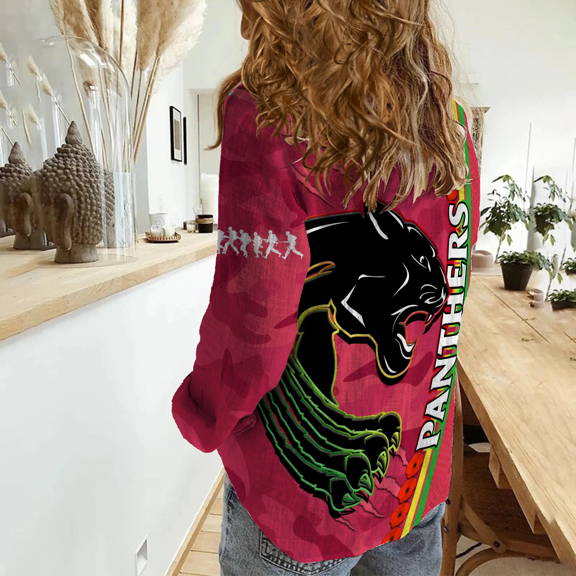 Panthers Rugby ANZAC Women Casual Shirt Aboriginal Mix Poppy Camouflage Pink - Vibe Hoodie Shop