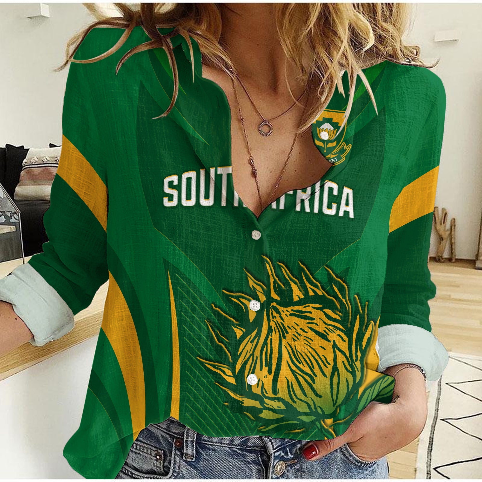 (Custom Personalised) South Africa Cricket Women Casual Shirt Proteas Champion - Vibe Hoodie Shop