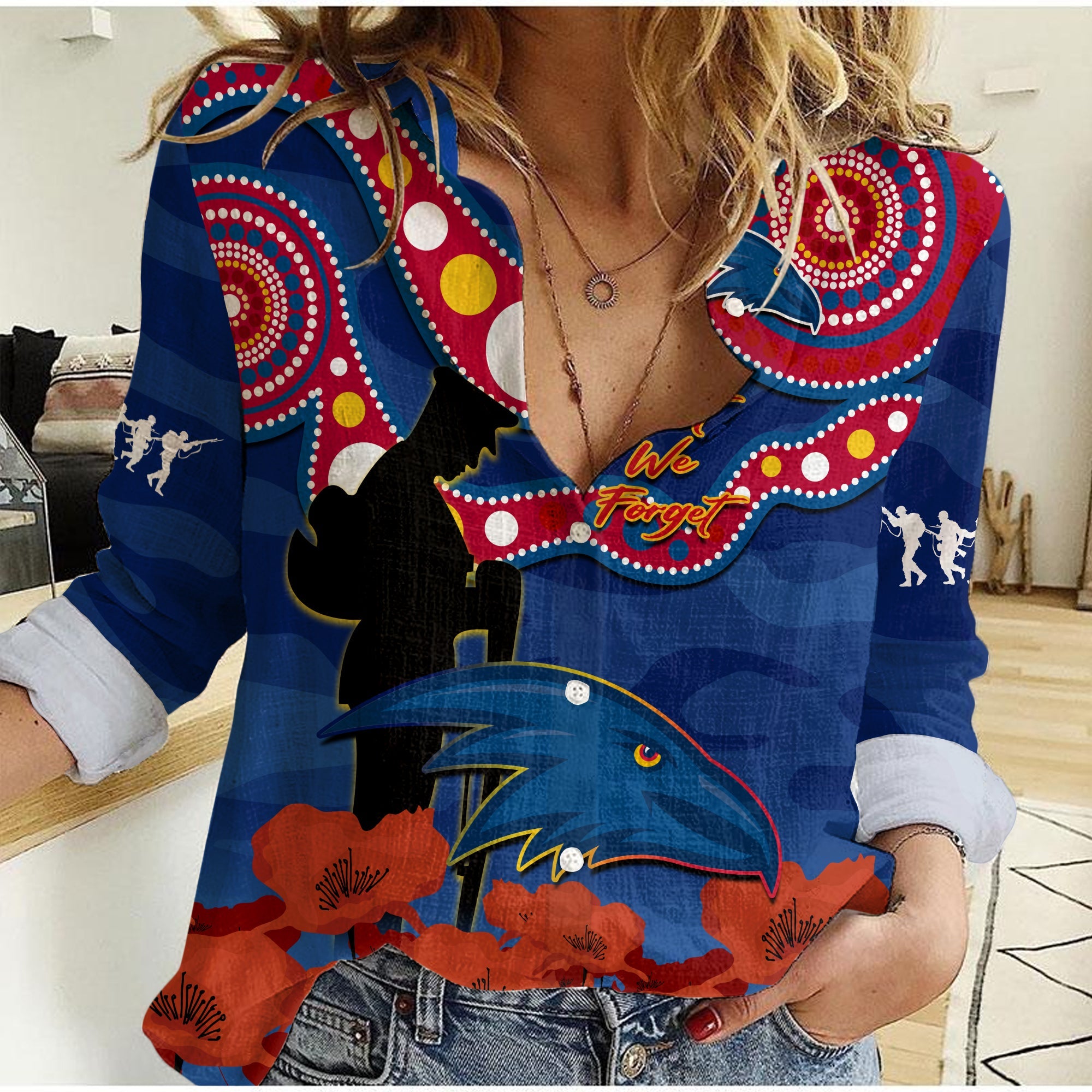 Adelaide Football ANZAC 2023 Women Casual Shirt Crows Aboriginal Mix Poppy Camouflage - Vibe Hoodie Shop