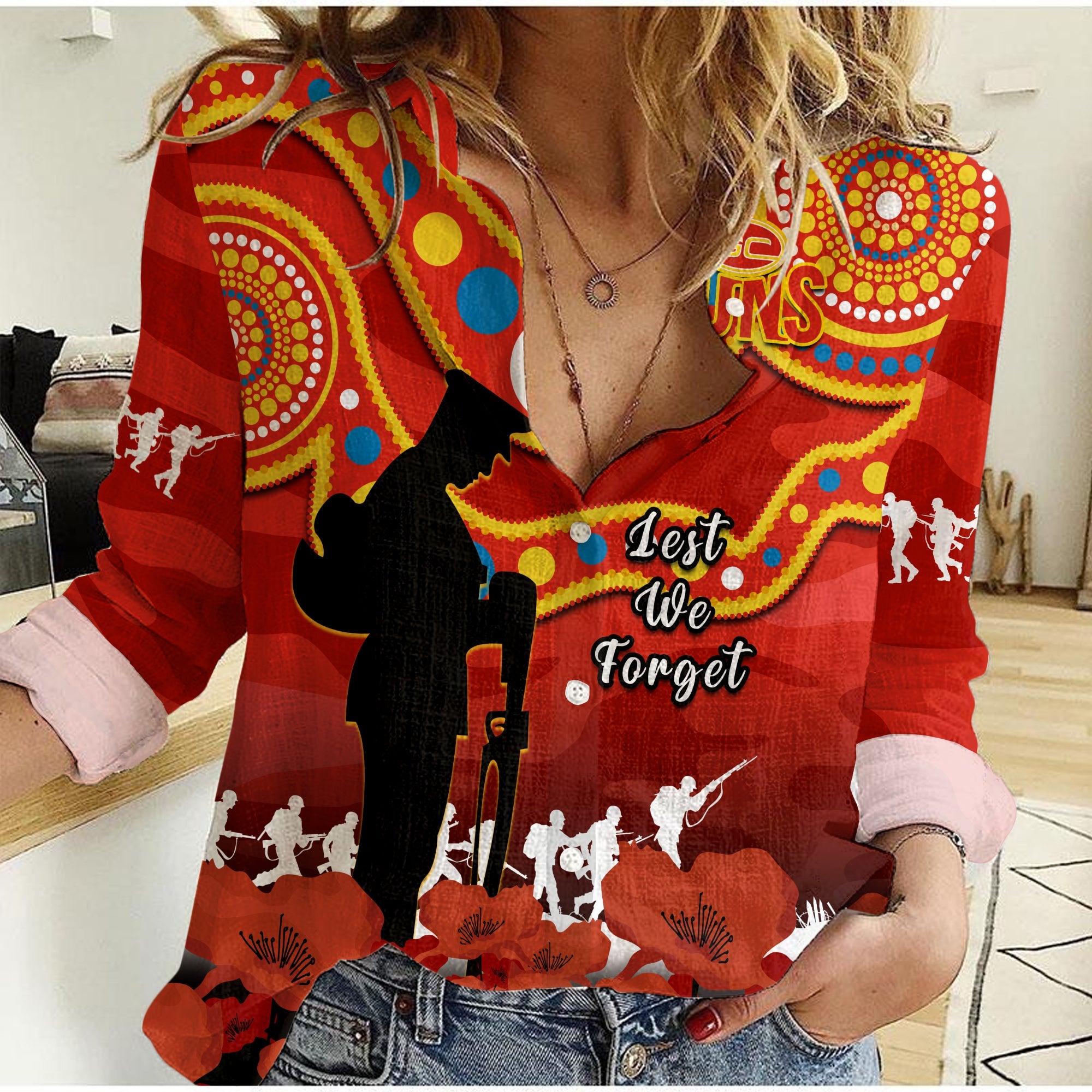 (Custom Text And Number) Gold Coast Football ANZAC 2023 Women Casual Shirt Suns Aboriginal Mix Poppy Camouflage - Vibe Hoodie Shop