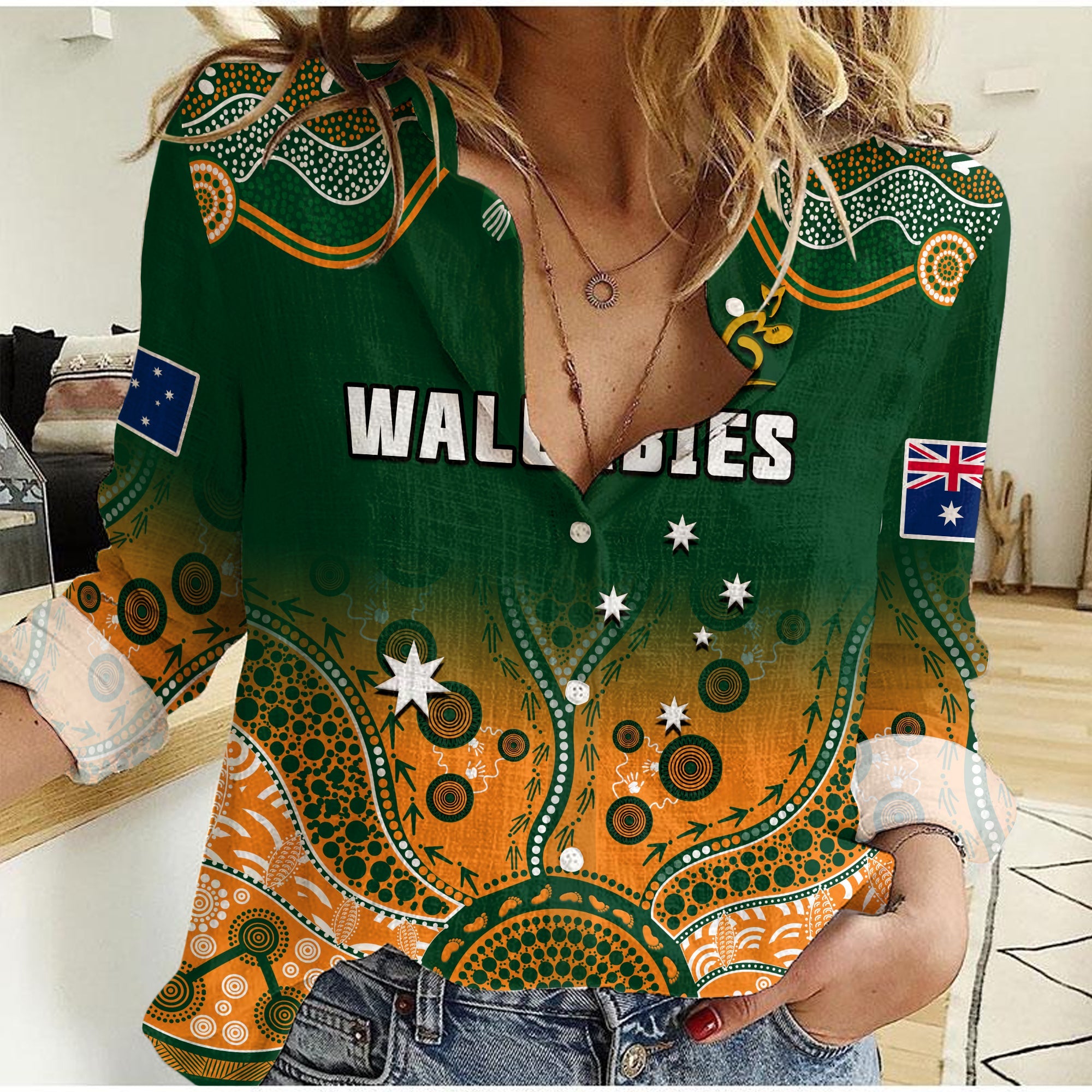 Australia Rugby Women Casual Shirt Wallabies Kangaroo Green Aboriginal - Vibe Hoodie Shop