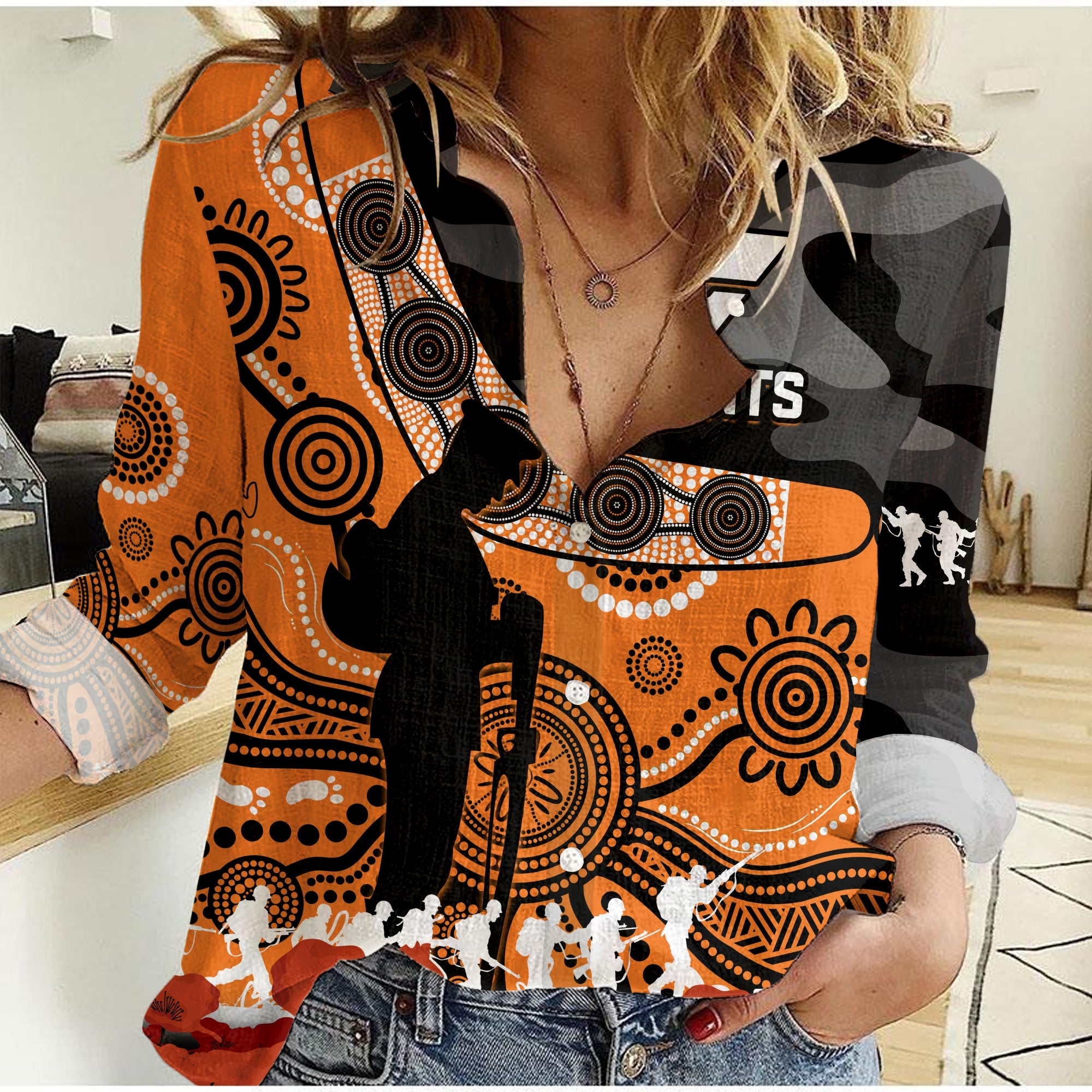 Giants Football ANZAC 2023 Women Casual Shirt GWS Aboriginal Mix Poppy Camouflage - Vibe Hoodie Shop