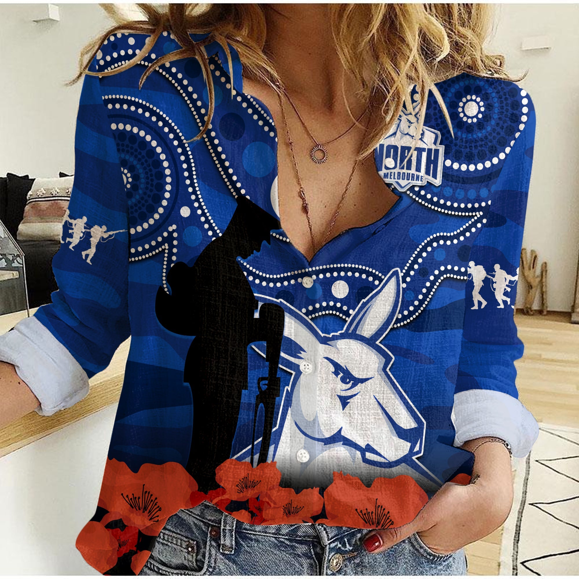 (Custom Text And Number) North Melbourne Football ANZAC 2023 Women Casual Shirt Kangaroos Aboriginal Mix Poppy Camouflage - Vibe Hoodie Shop
