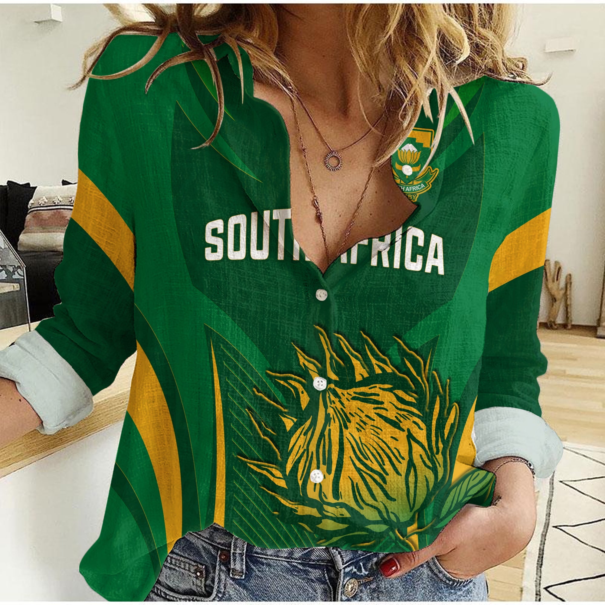 (Custom Personalised) South Africa Rugby Women Casual Shirt Springboks Champion - Vibe Hoodie Shop
