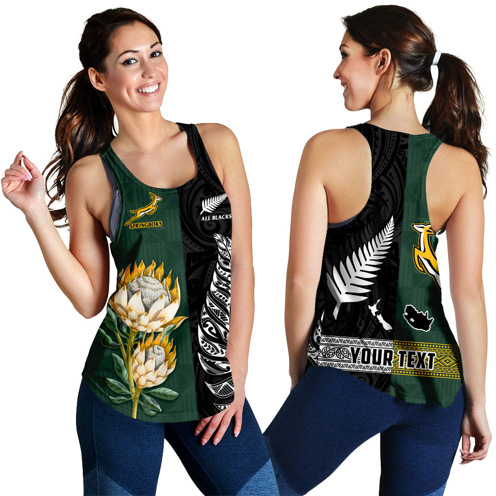 (Custom Personalised) South Africa Protea and New Zealand Fern Women Racerback Tank Rugby Go Springboks vs All Black - Vibe Hoodie Shop