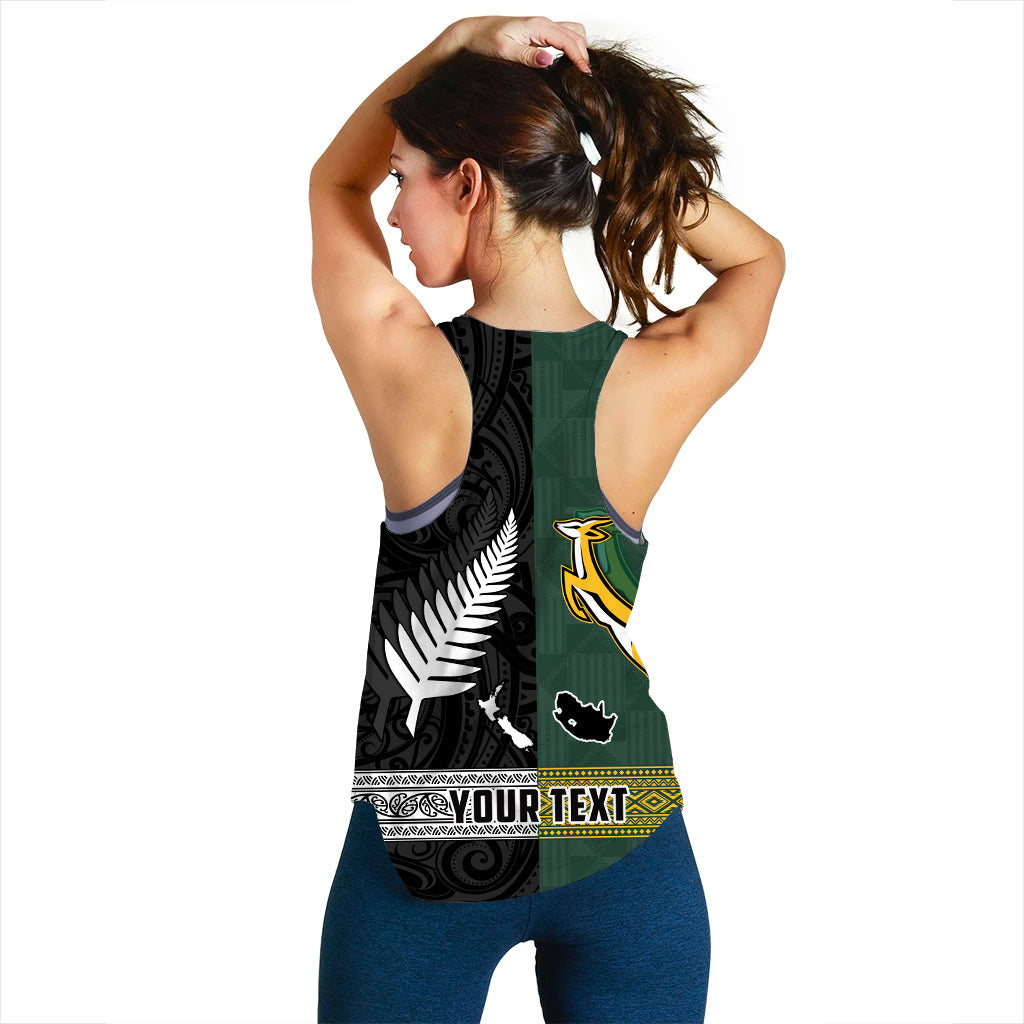 (Custom Personalised) South Africa Protea and New Zealand Fern Women Racerback Tank Rugby Go Springboks vs All Black - Vibe Hoodie Shop