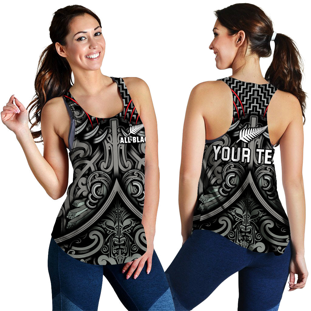 (Custom Personalised) New Zealand Silver Fern Rugby Women Racerback Tank All Black NZ Maori Pattern - Vibe Hoodie Shop