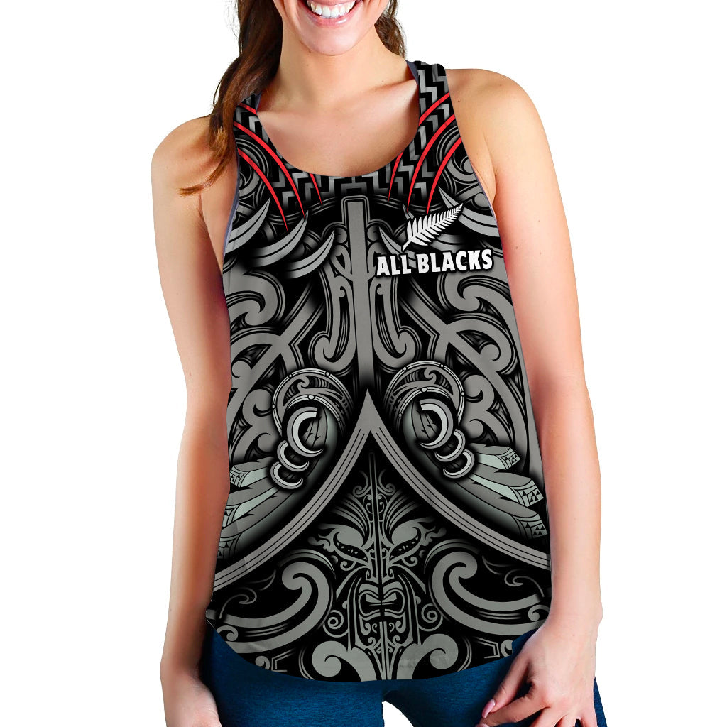 (Custom Personalised) New Zealand Silver Fern Rugby Women Racerback Tank All Black NZ Maori Pattern - Vibe Hoodie Shop