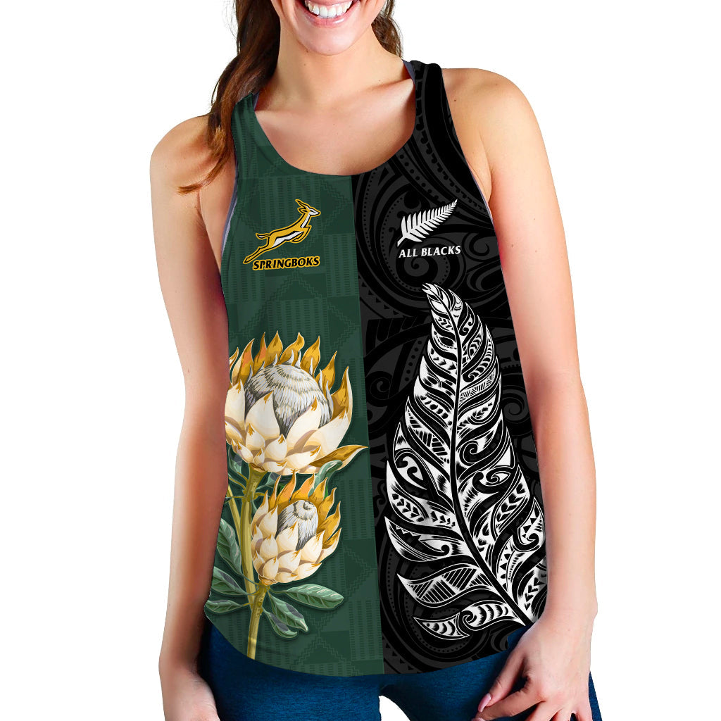 (Custom Personalised) South Africa Protea and New Zealand Fern Women Racerback Tank Rugby Go Springboks vs All Black - Vibe Hoodie Shop