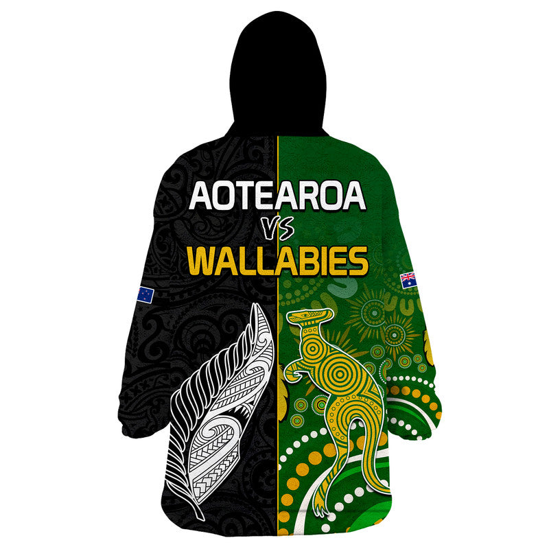 Aotearoa Rugby All Black Combine Australia Wallabies Wearable Blanket Hoodie Aboriginal Kangaroo And Maori Fern - Vibe Hoodie Shop