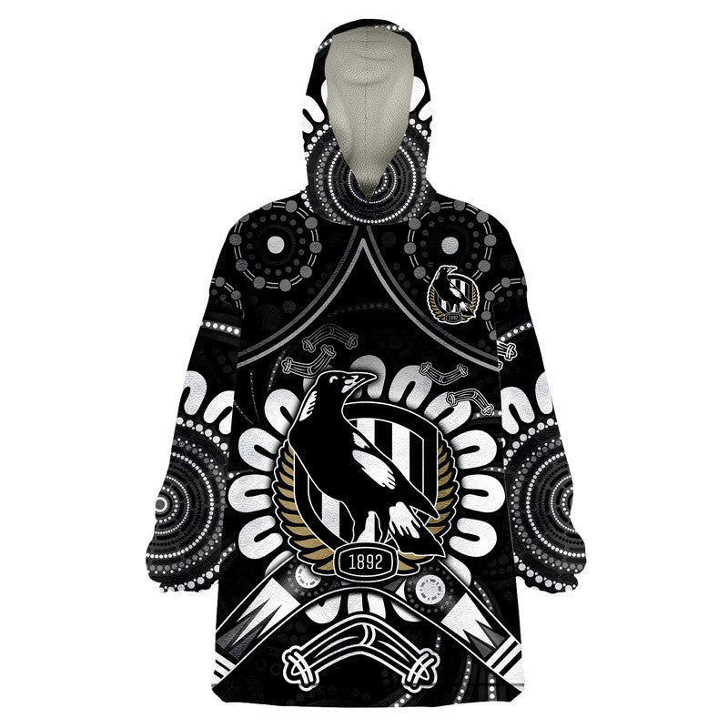 Magpies Football Wearable Blanket Hoodie Boomerang Indigenous Dots - Vibe Hoodie Shop