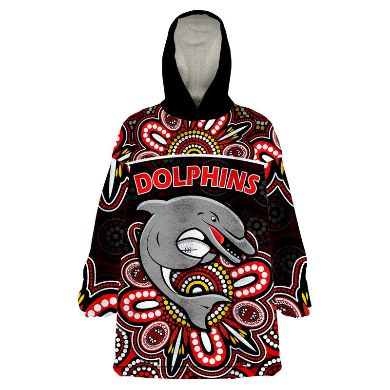 (Custom Personalised) Dolphins Rugby Wearable Blanket Hoodie Aboriginal Dot Painting - Vibe Hoodie Shop