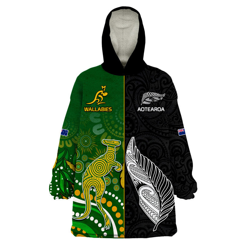 Aotearoa Rugby All Black Combine Australia Wallabies Wearable Blanket Hoodie Aboriginal Kangaroo And Maori Fern - Vibe Hoodie Shop