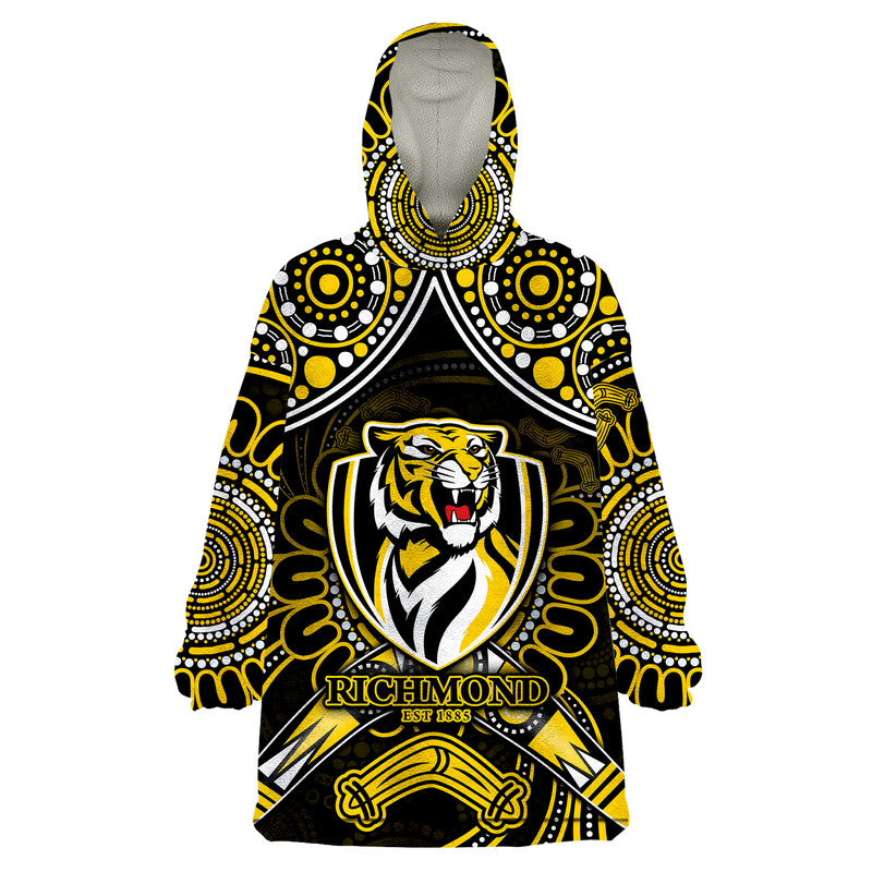 (Custom Personalised) Richmond Tigers Football Wearable Blanket Hoodie Boomerang Indigenous Dots - Vibe Hoodie Shop