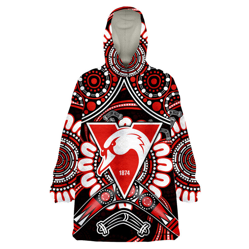 (Custom Personalised) Swans Football Wearable Blanket Hoodie Boomerang Indigenous Dots - Vibe Hoodie Shop