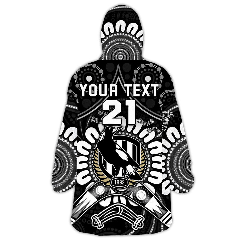(Custom Personalised) Magpies Football Wearable Blanket Hoodie Boomerang Indigenous Dots - Vibe Hoodie Shop