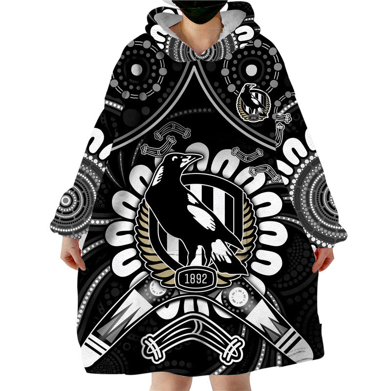 Magpies Football Wearable Blanket Hoodie Boomerang Indigenous Dots - Vibe Hoodie Shop