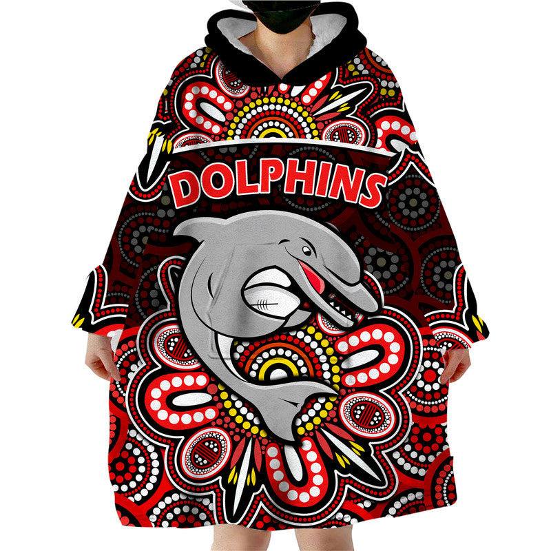 (Custom Personalised) Dolphins Rugby Wearable Blanket Hoodie Aboriginal Dot Painting - Vibe Hoodie Shop
