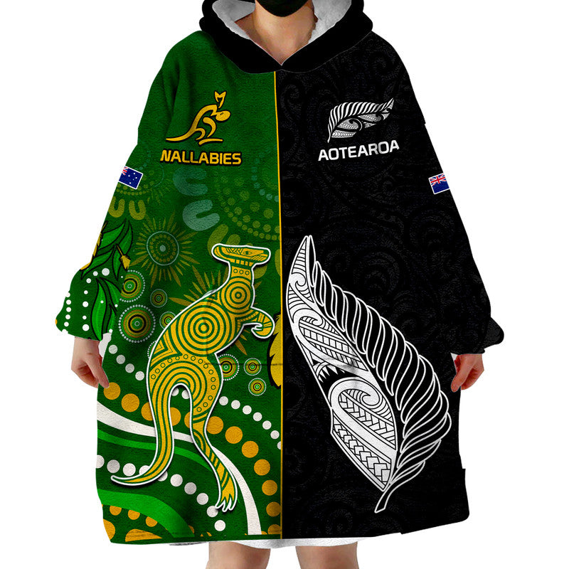 (Custom Personalised) Aotearoa Rugby All Black Combine Australia Wallabies Wearable Blanket Hoodie Aboriginal Kangaroo And Maori Fern - Vibe Hoodie Shop