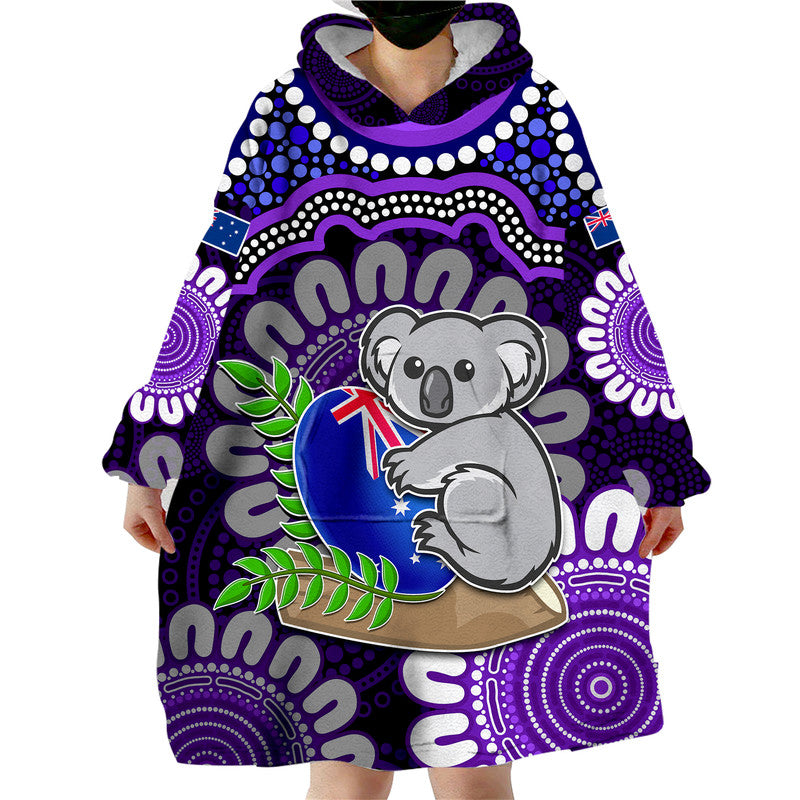 Australia Koala Aboriginal Wearable Blanket Hoodie Koala Hugging Rugby Ball Purple - Vibe Hoodie Shop