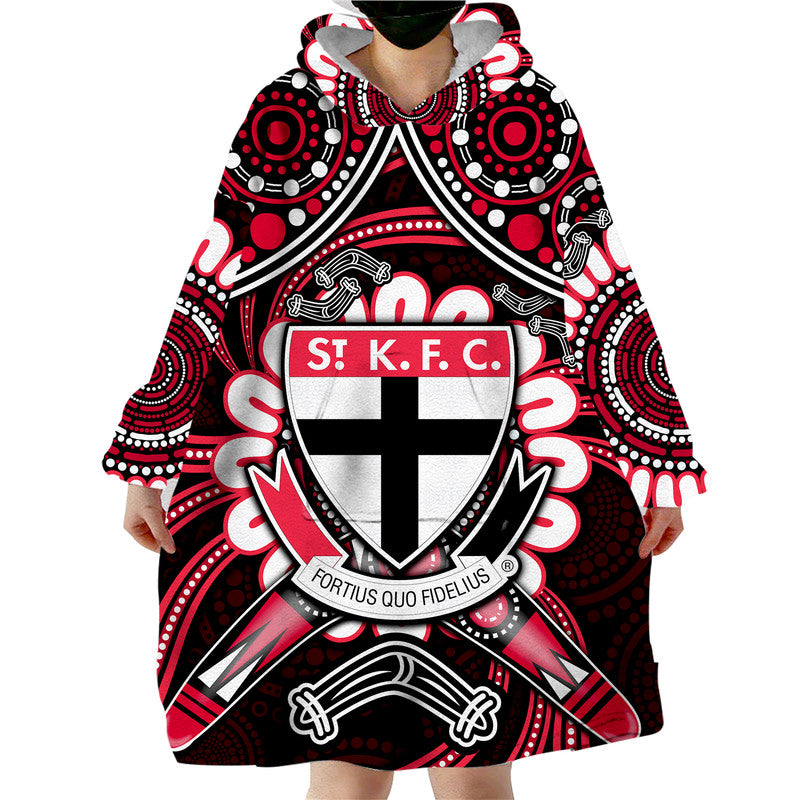 (Custom Personalised) St Kilda Saints Wearable Blanket Hoodie Boomerang Indigenous Dots - Vibe Hoodie Shop