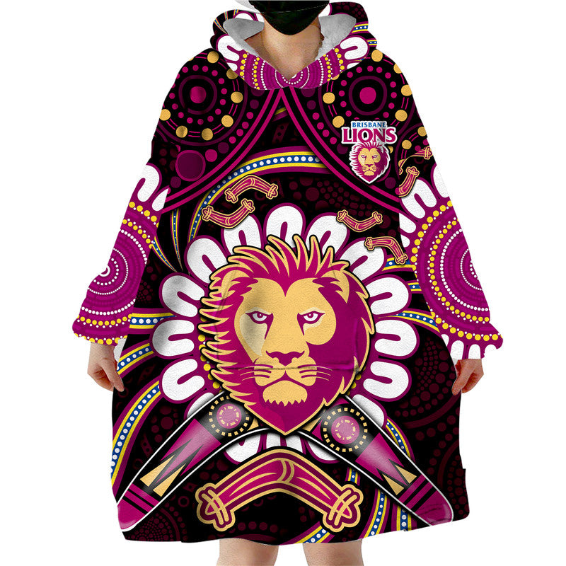Brisbane Lions Football Wearable Blanket Hoodie Boomerang Indigenous Dots - Vibe Hoodie Shop