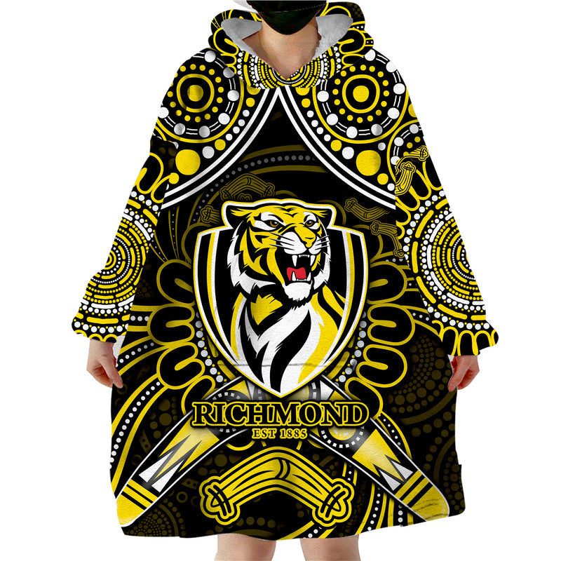 (Custom Personalised) Richmond Tigers Football Wearable Blanket Hoodie Boomerang Indigenous Dots - Vibe Hoodie Shop