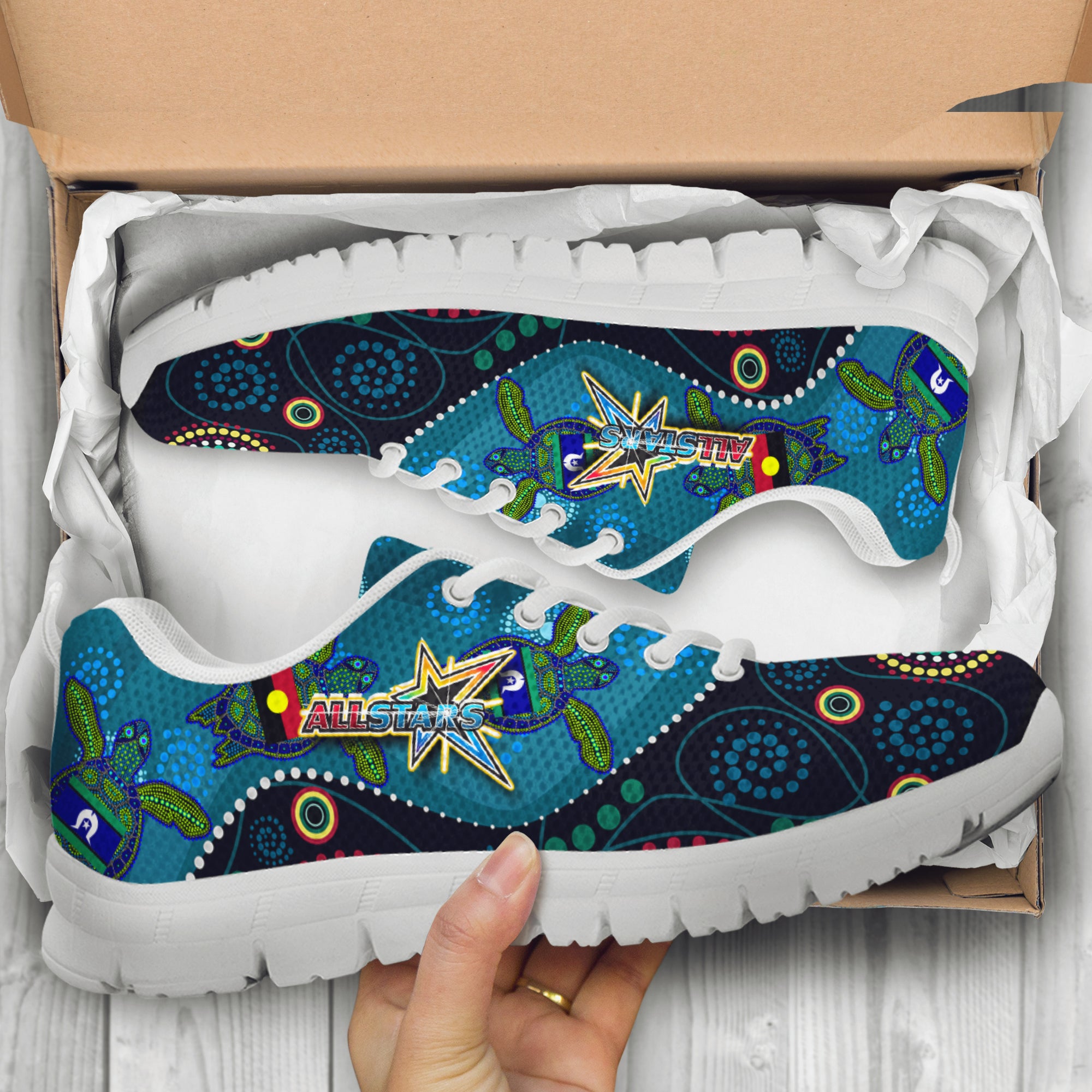 Indigenous All Stars Rugby Sneakers - Dreamtime Turtle With Aboriginal and Torres Strait Islanders Flag Sneakers - Vibe Hoodie Shop