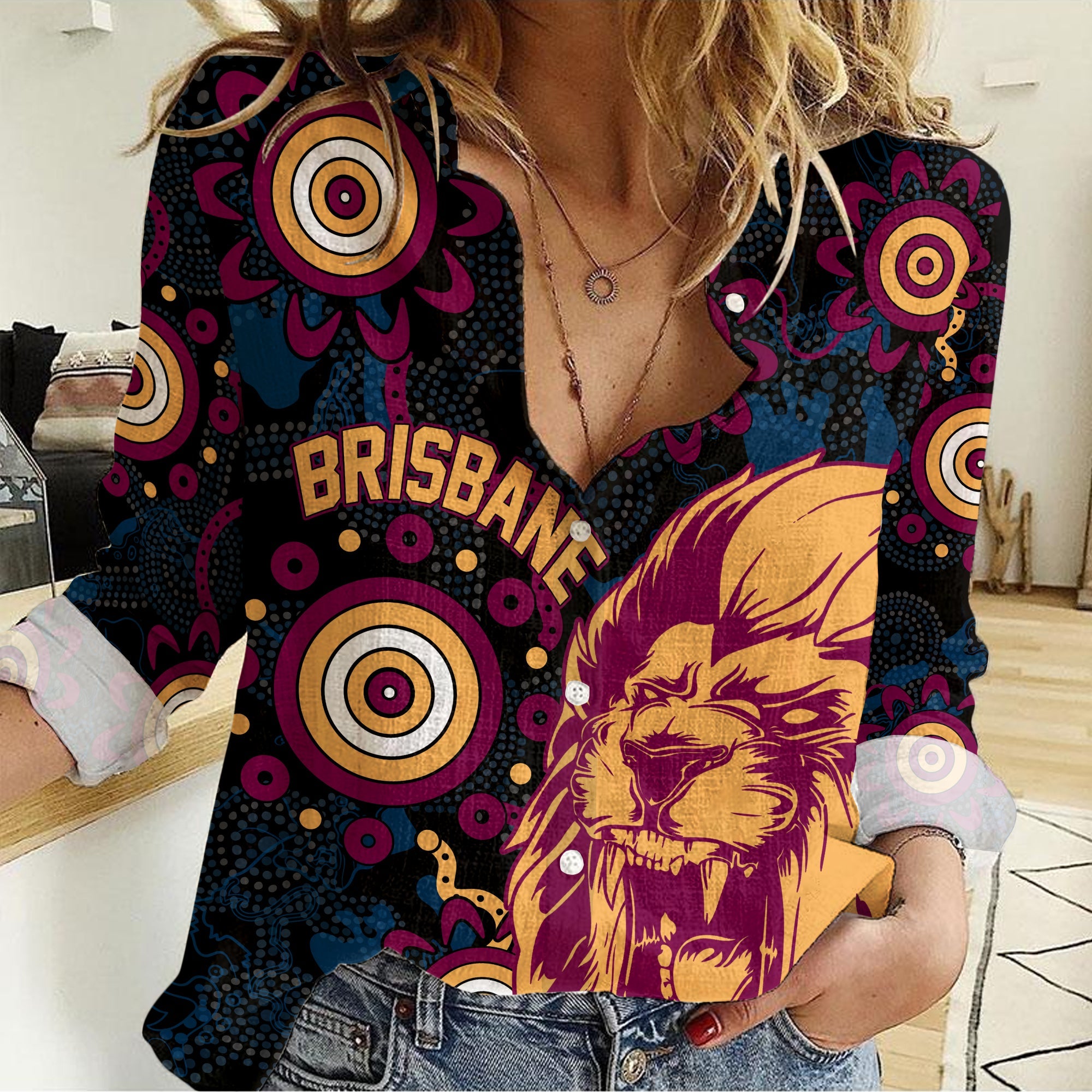 Personalised Brisbane Aboriginal Women Casual Shirt Roaring Lions - Vibe Hoodie Shop