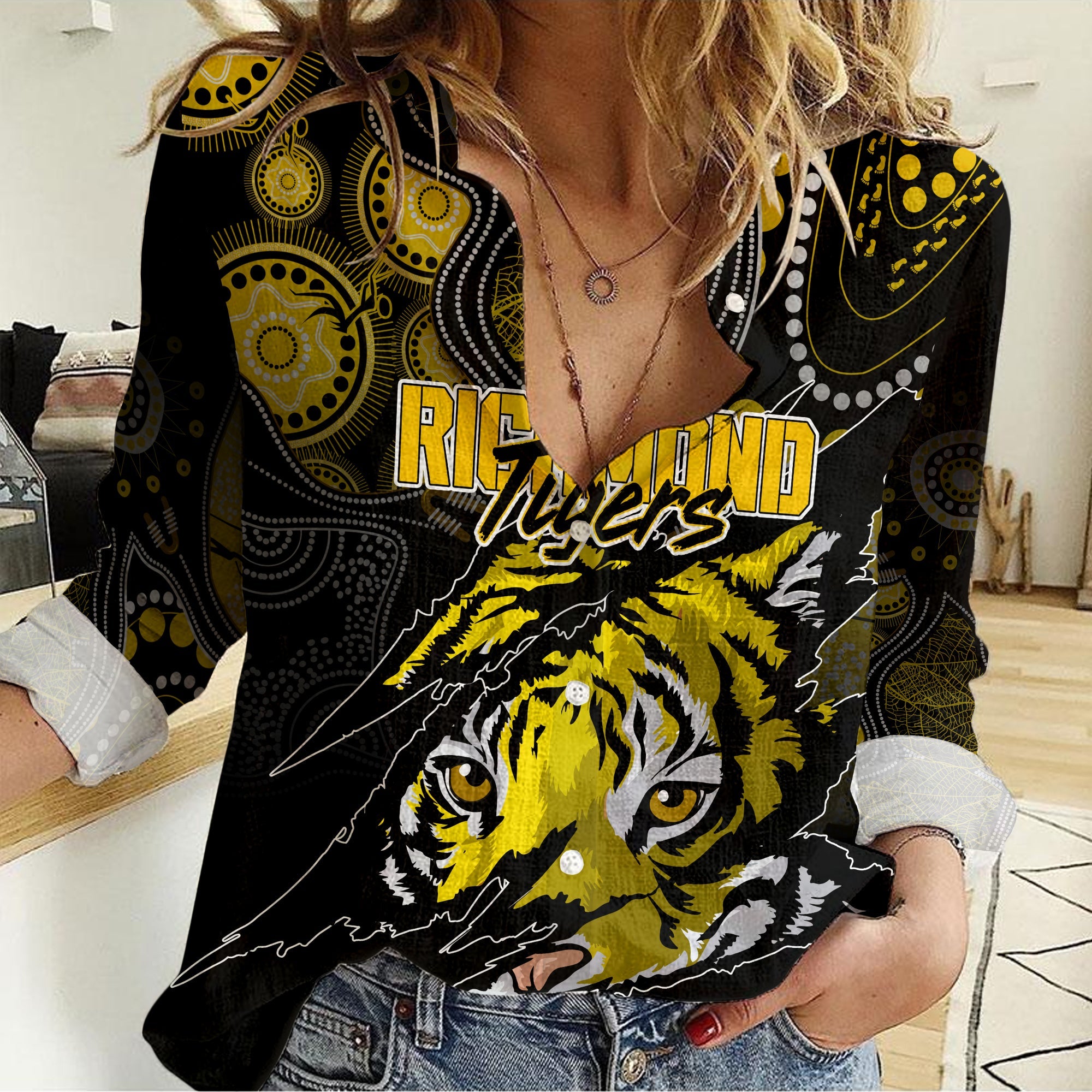 Personalised Richmonds Tigers Aboriginal Women Casual Shirt AFL 2022 Grunge Style - Vibe Hoodie Shop