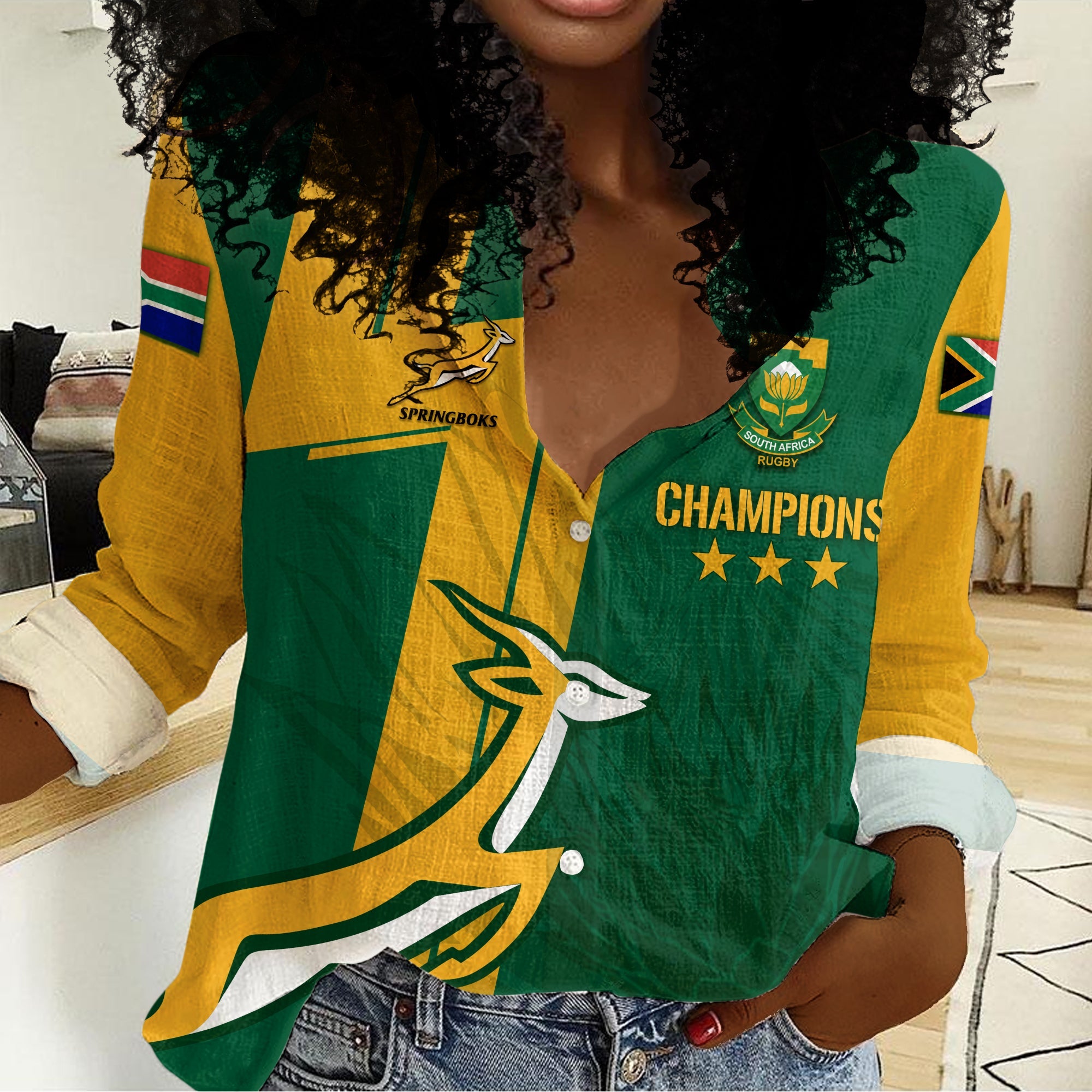 Personalised South Africa Women Casual Shirt Rugby 7s 2022 Champion Springboks - Vibe Hoodie Shop