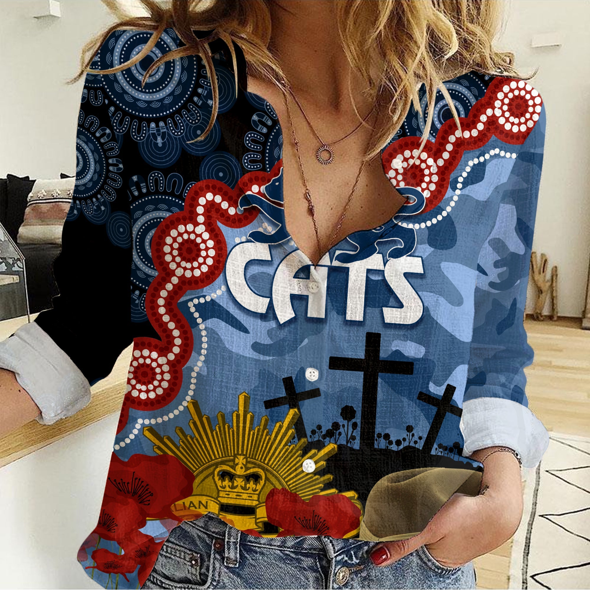 Cats Football ANZAC 2023 Women Casual Shirt Aboriginal Mix Slouch Hat - Vibe Hoodie Shop