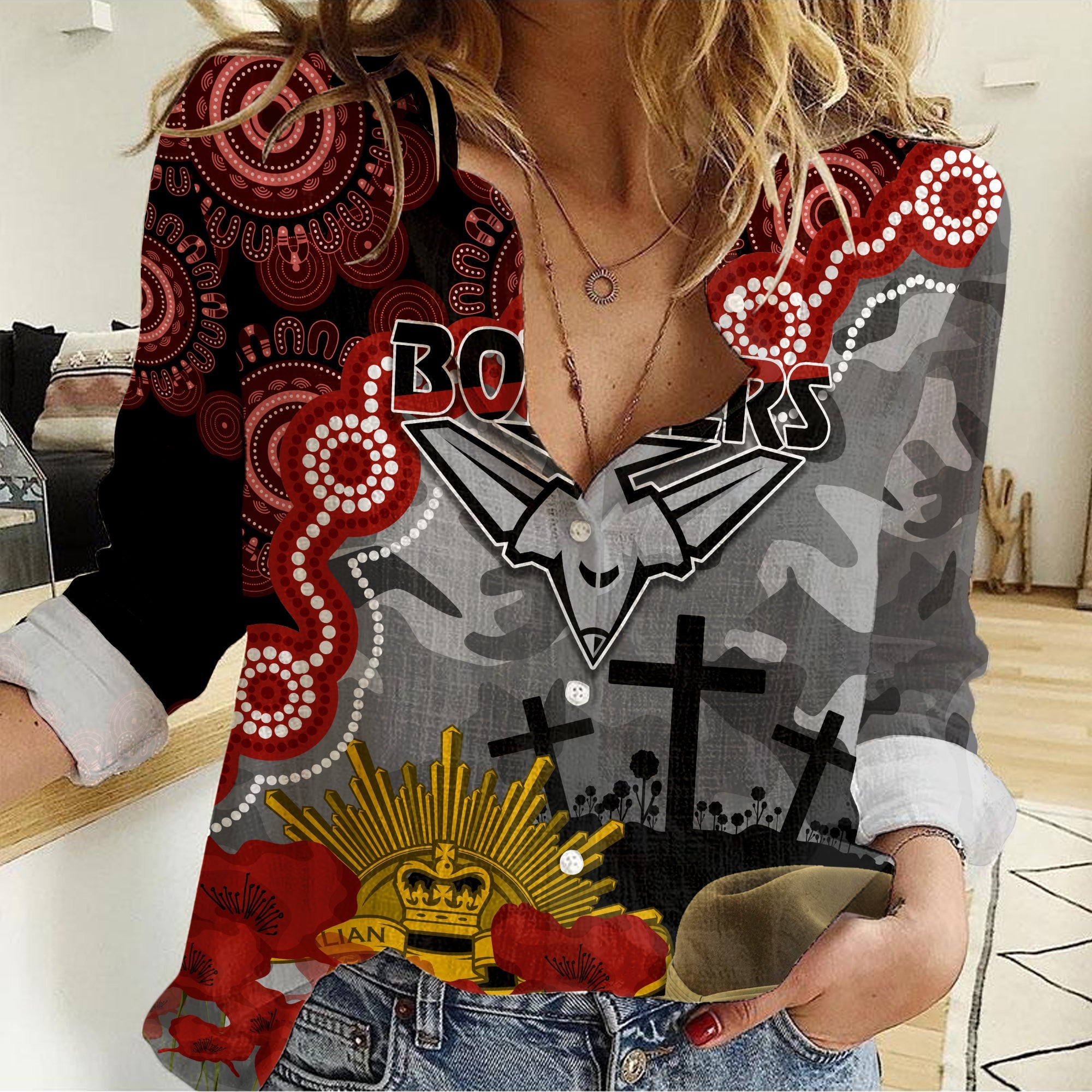 Bombers Football ANZAC 2023 Women Casual Shirt Aboriginal Mix Slouch Hat - Vibe Hoodie Shop