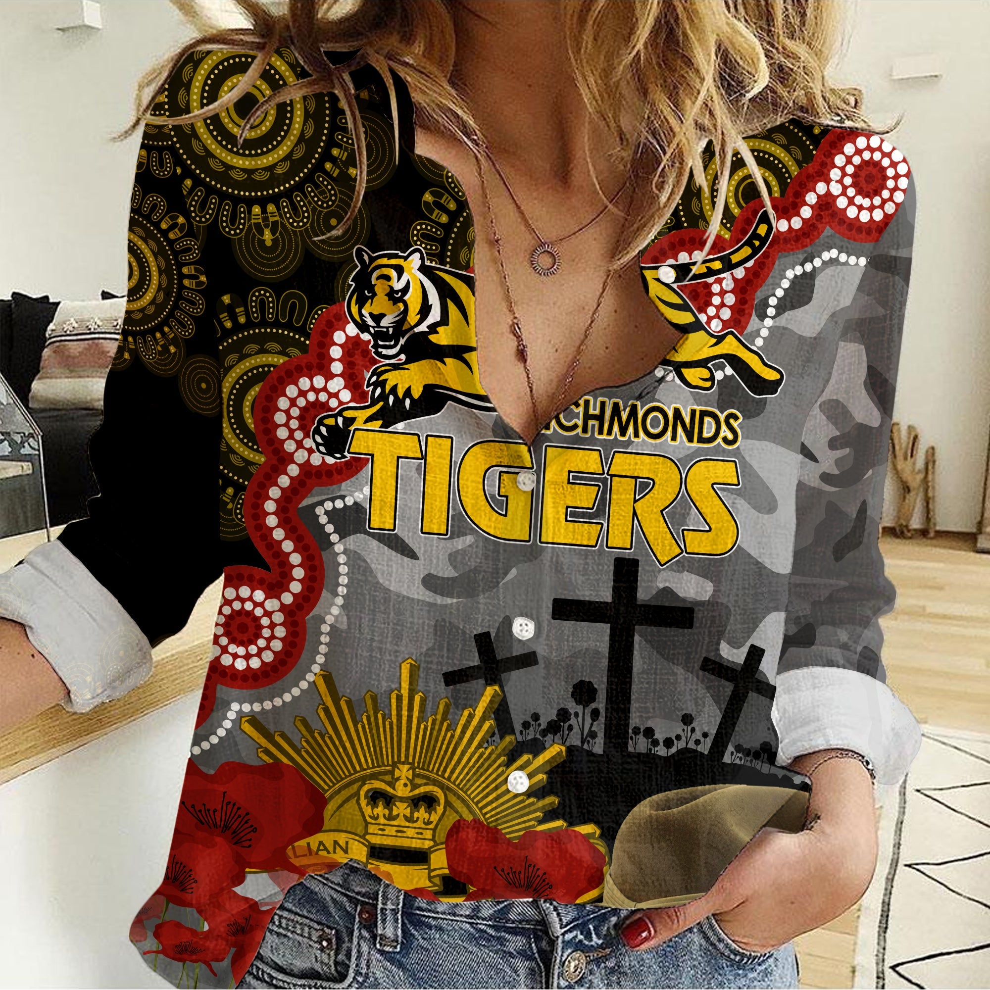 Tigers Football ANZAC 2023 Women Casual Shirt Aboriginal Mix Slouch Hat - Vibe Hoodie Shop