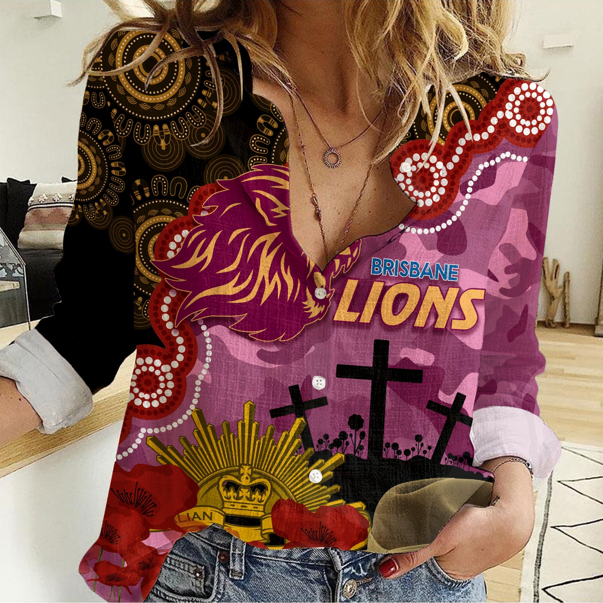 Lions Football ANZAC 2023 Women Casual Shirt Aboriginal Mix Slouch Hat - Vibe Hoodie Shop